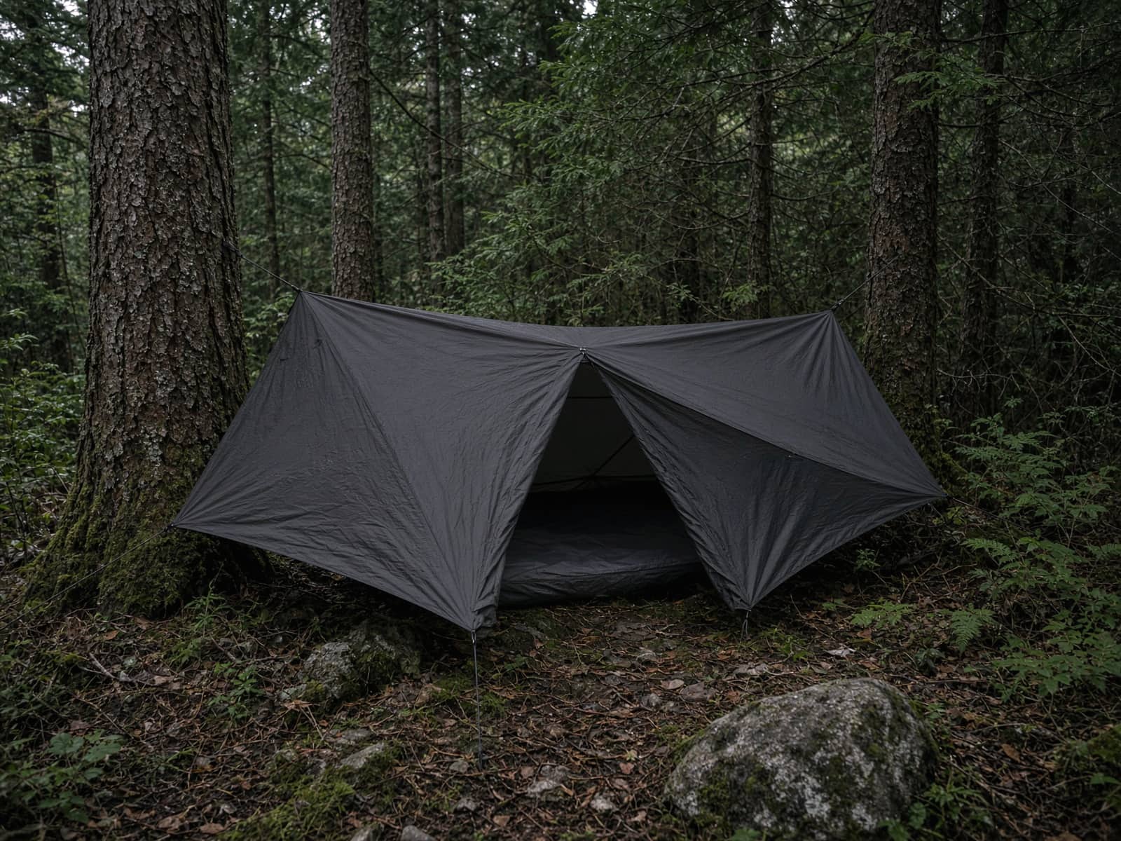 A hammock tarp with closable doors between two conifers