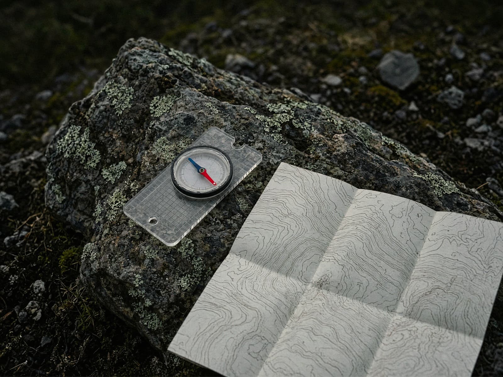 A baseplate compass on a rock beside a topo map