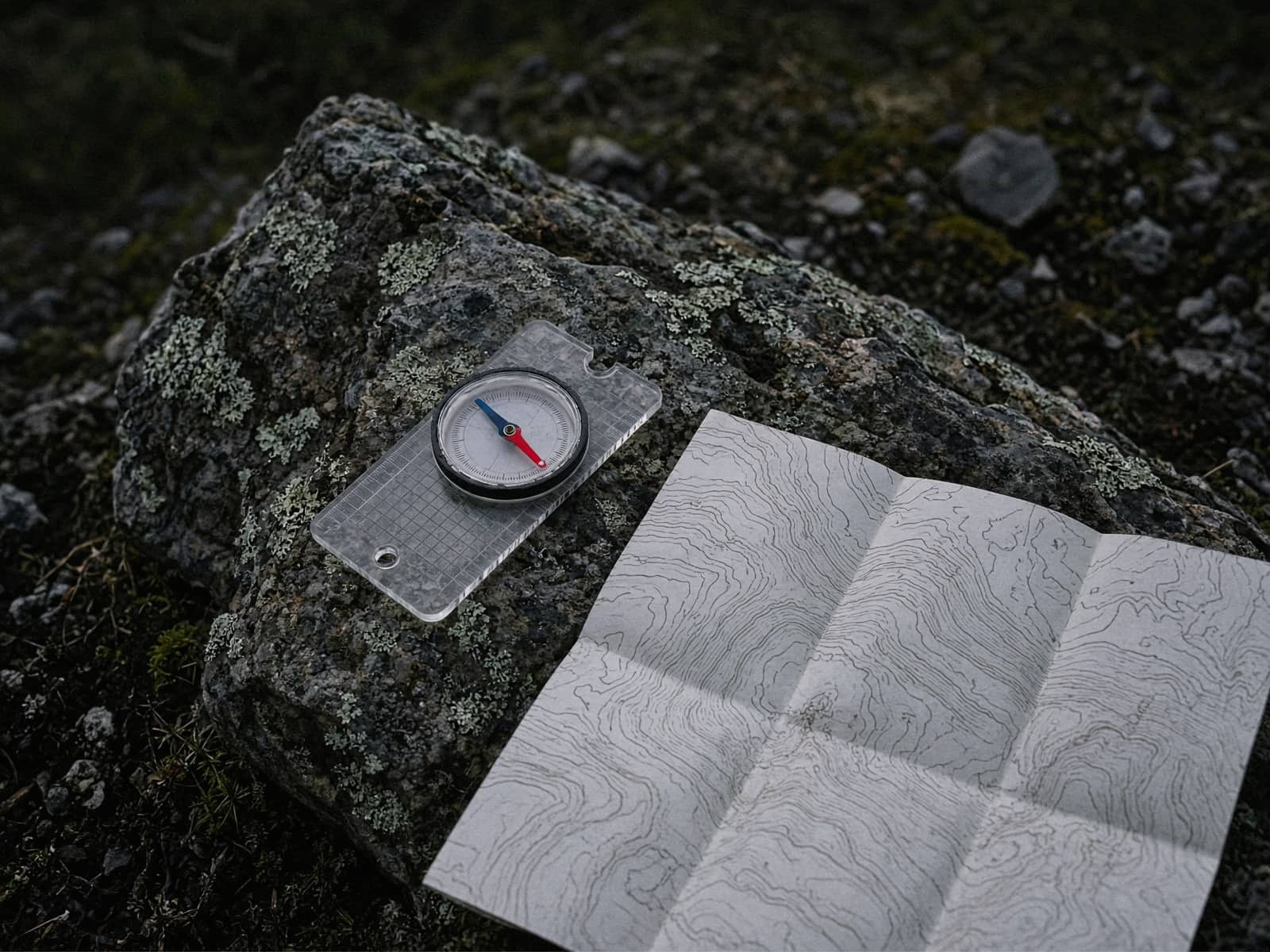 A baseplate compass on a rock beside a topo map