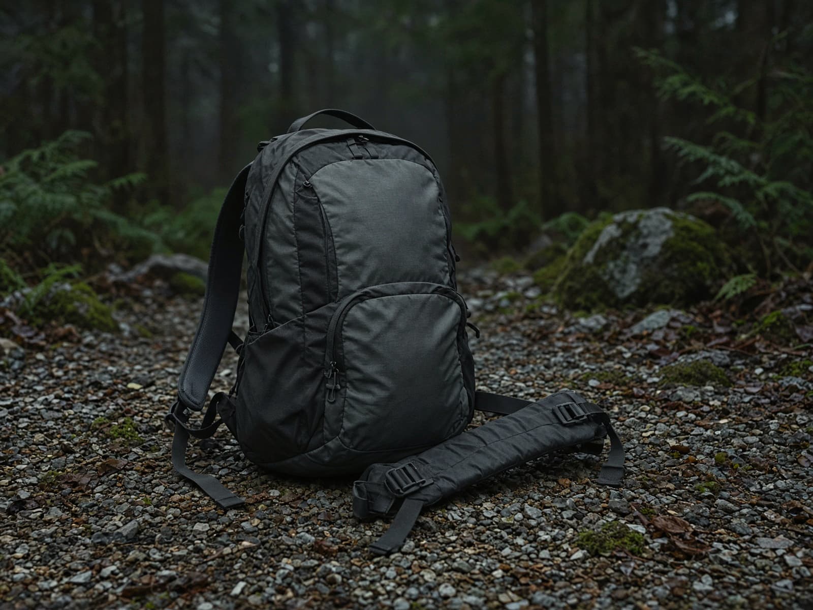 A 22-liter daypack with hip belt standing on trailhead gravel