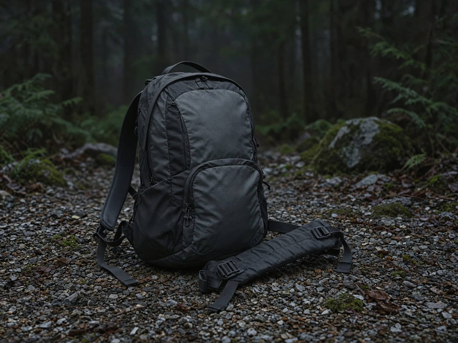 A 22-liter daypack with hip belt standing on trailhead gravel