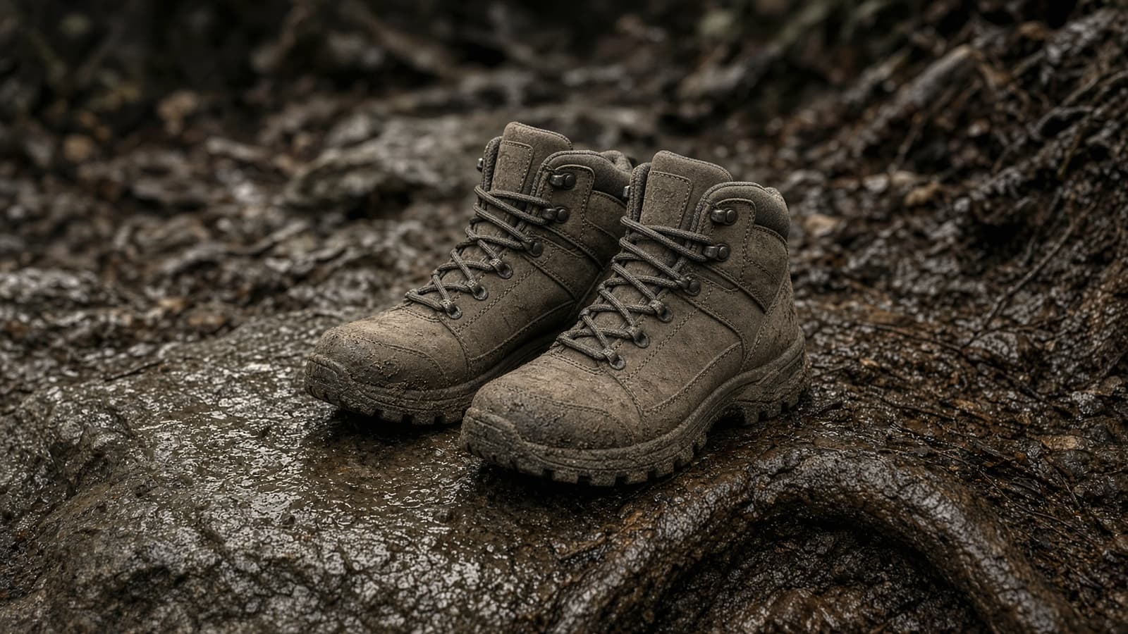 A waterproof mid hiking boot with a roomy toe box on wet rock and roots