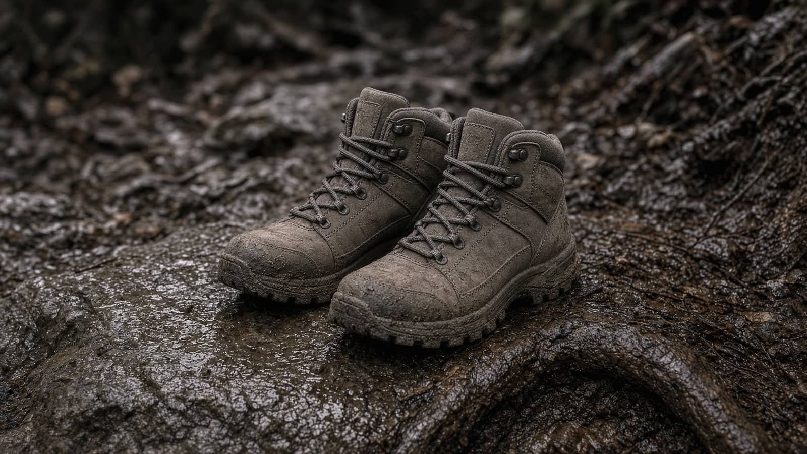 A waterproof mid hiking boot with a roomy toe box on wet rock and roots