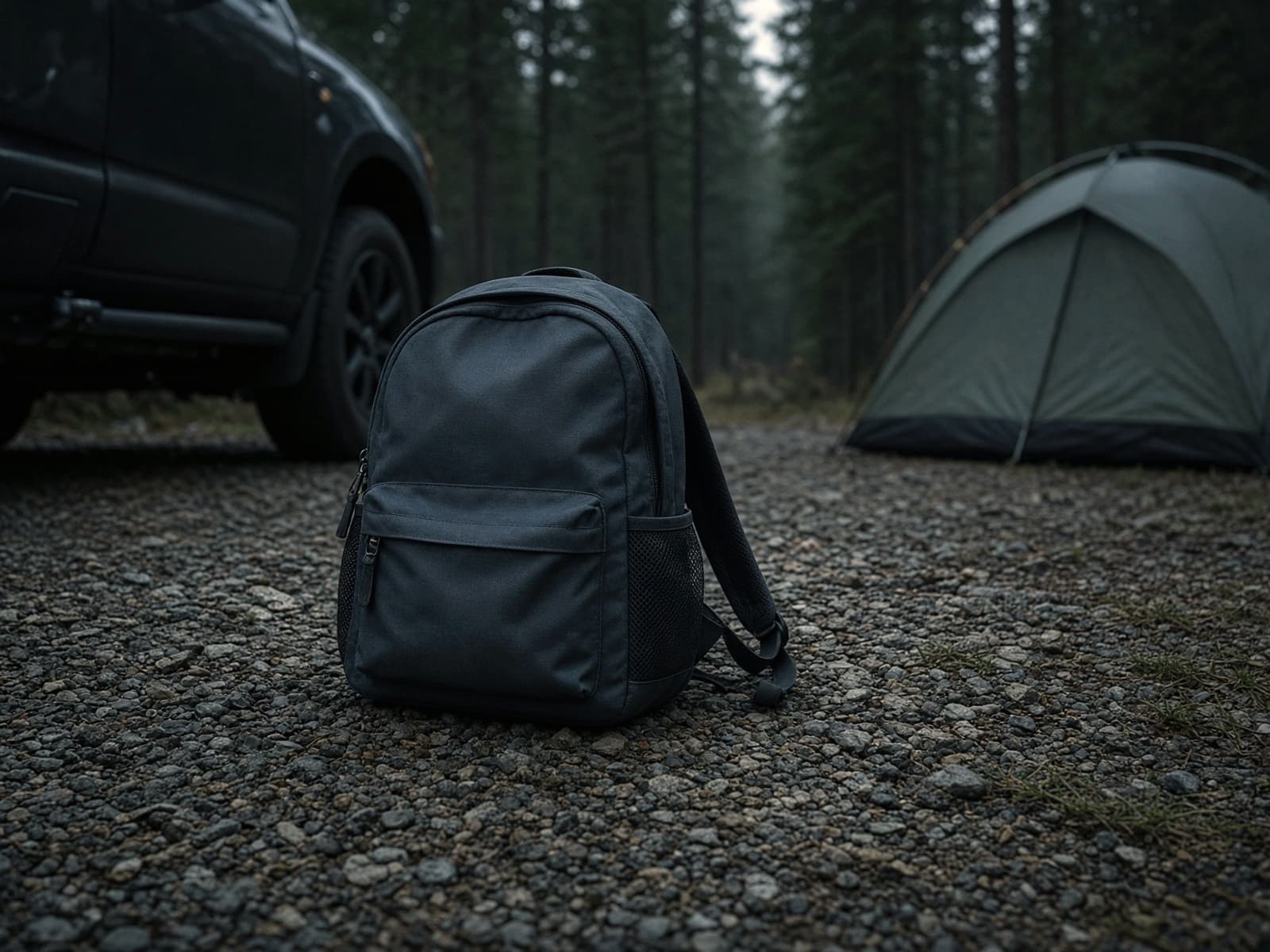 A small kids' daypack at a family car campsite