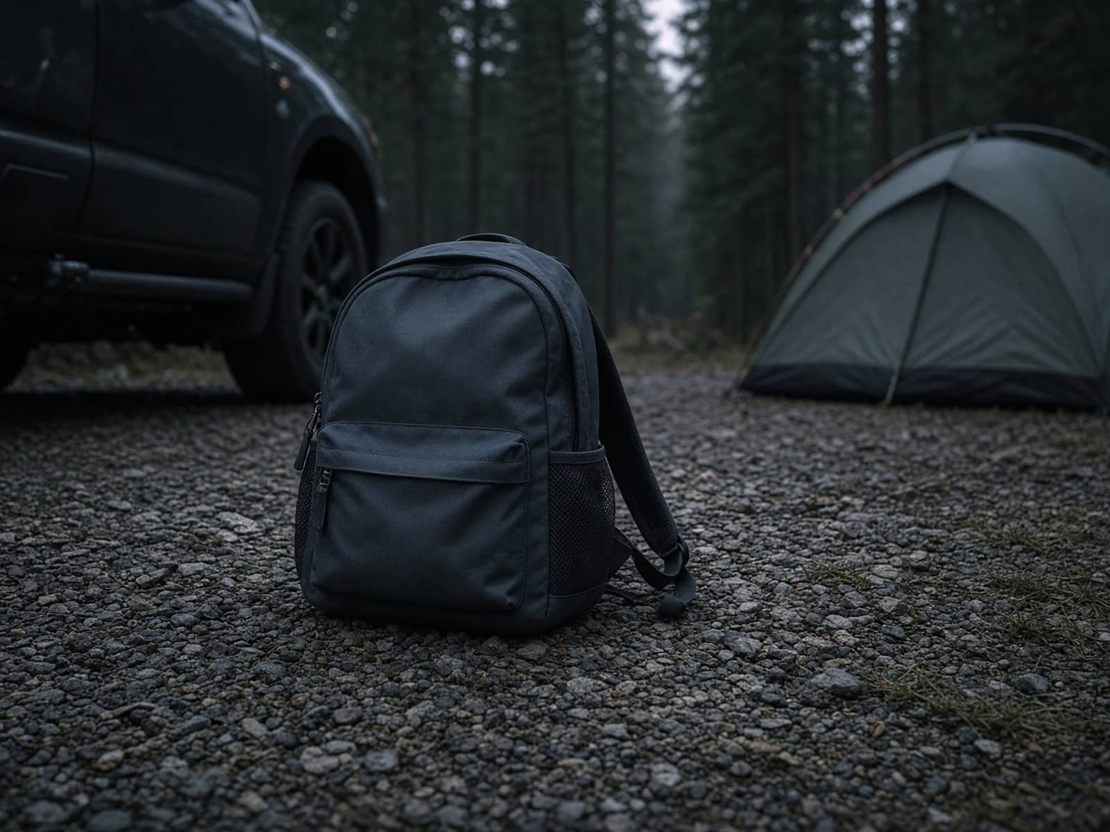 A small kids' daypack at a family car campsite
