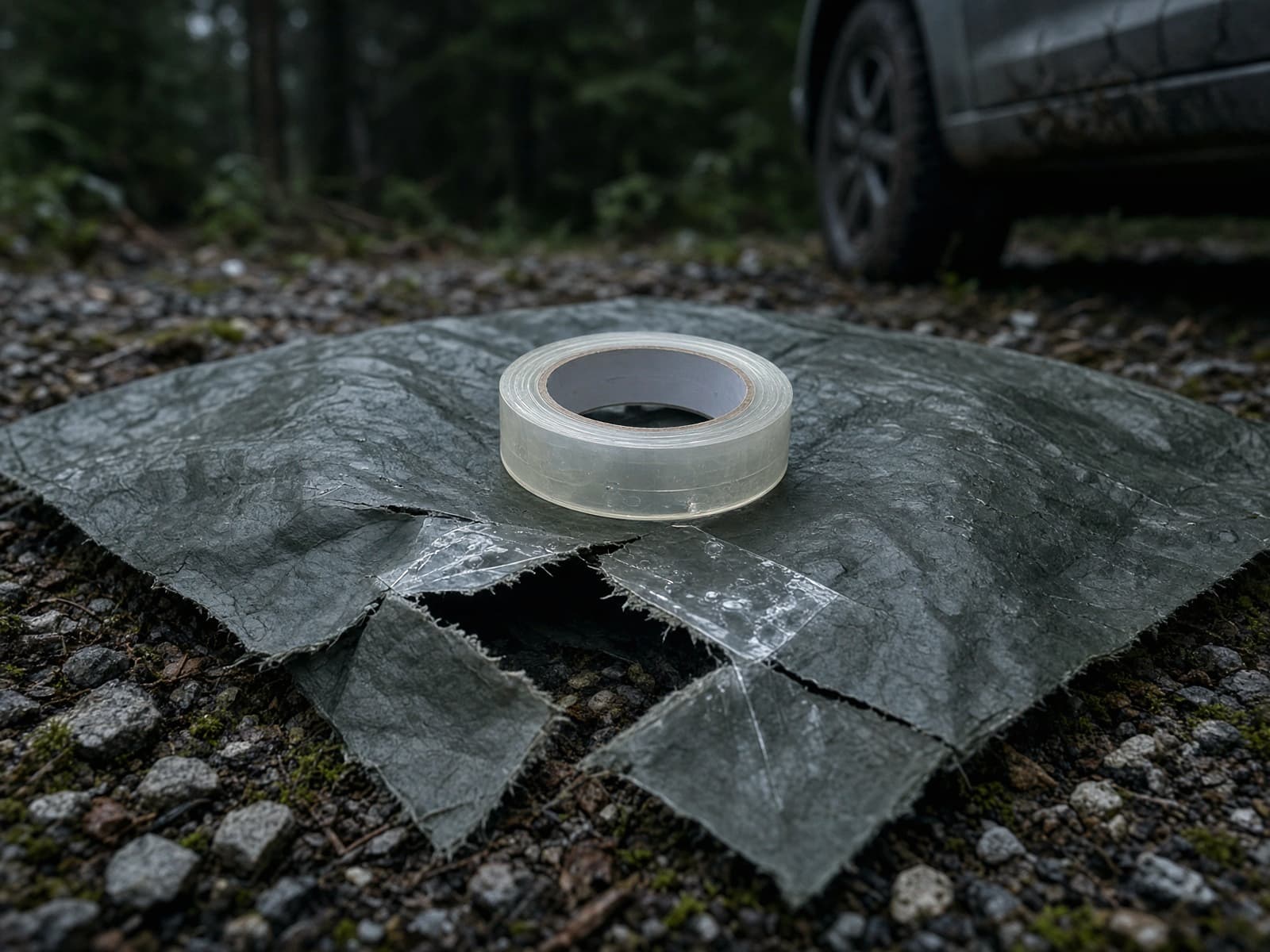 A roll of clear repair tape on a torn fly at a car campsite