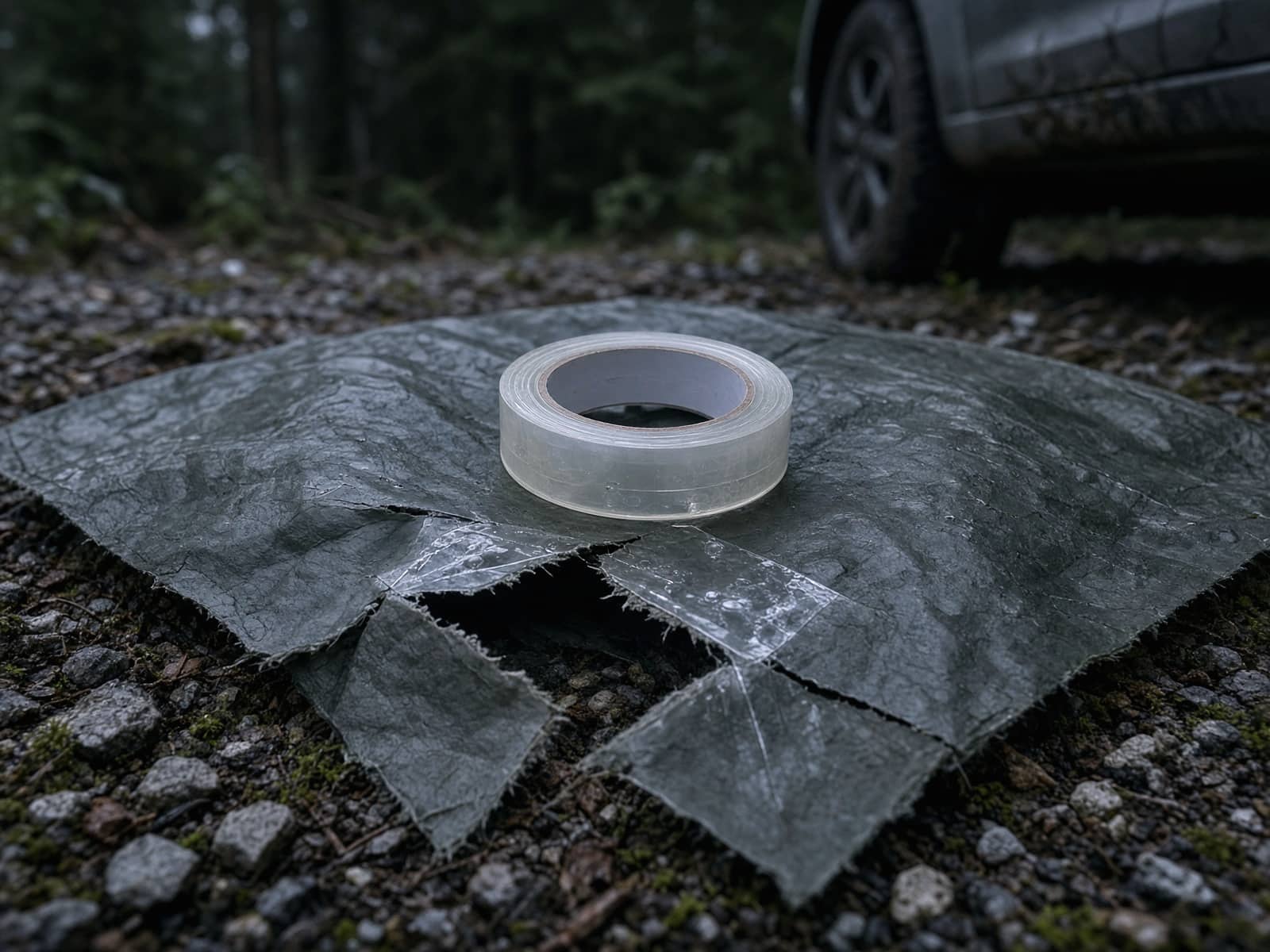 A roll of clear repair tape on a torn fly at a car campsite