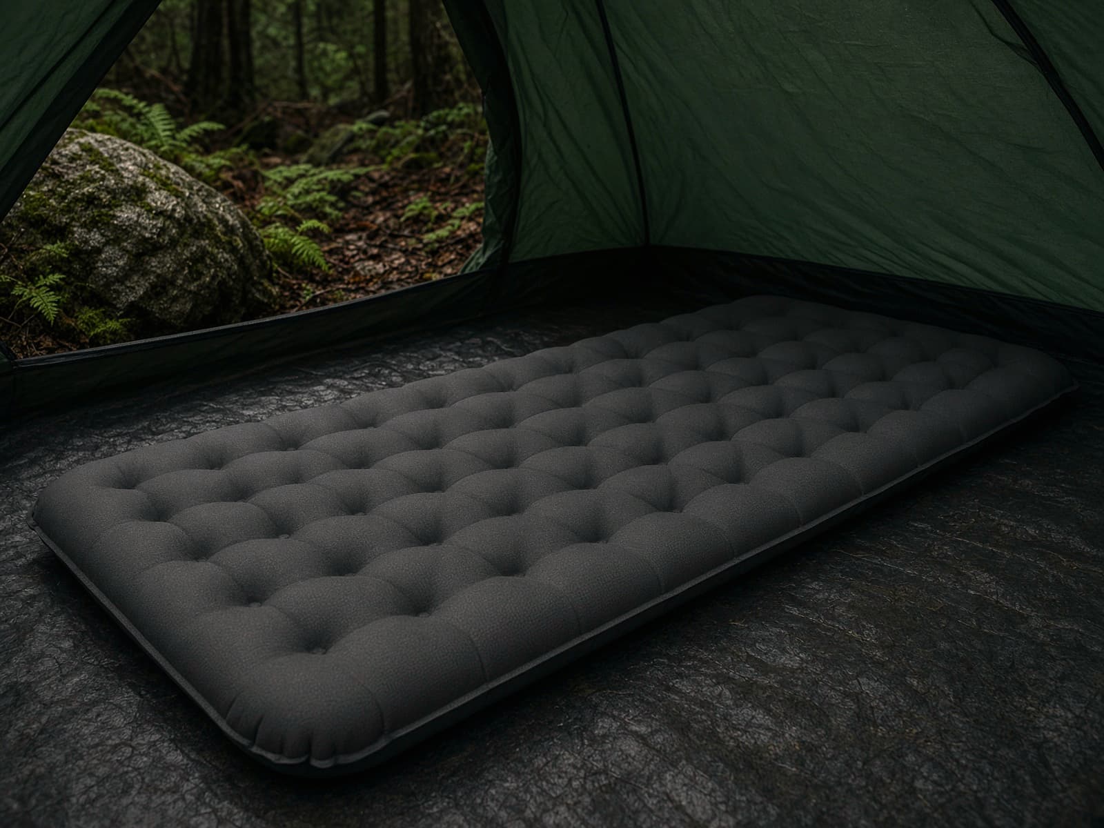 A wide rectangular air pad on a tent floor