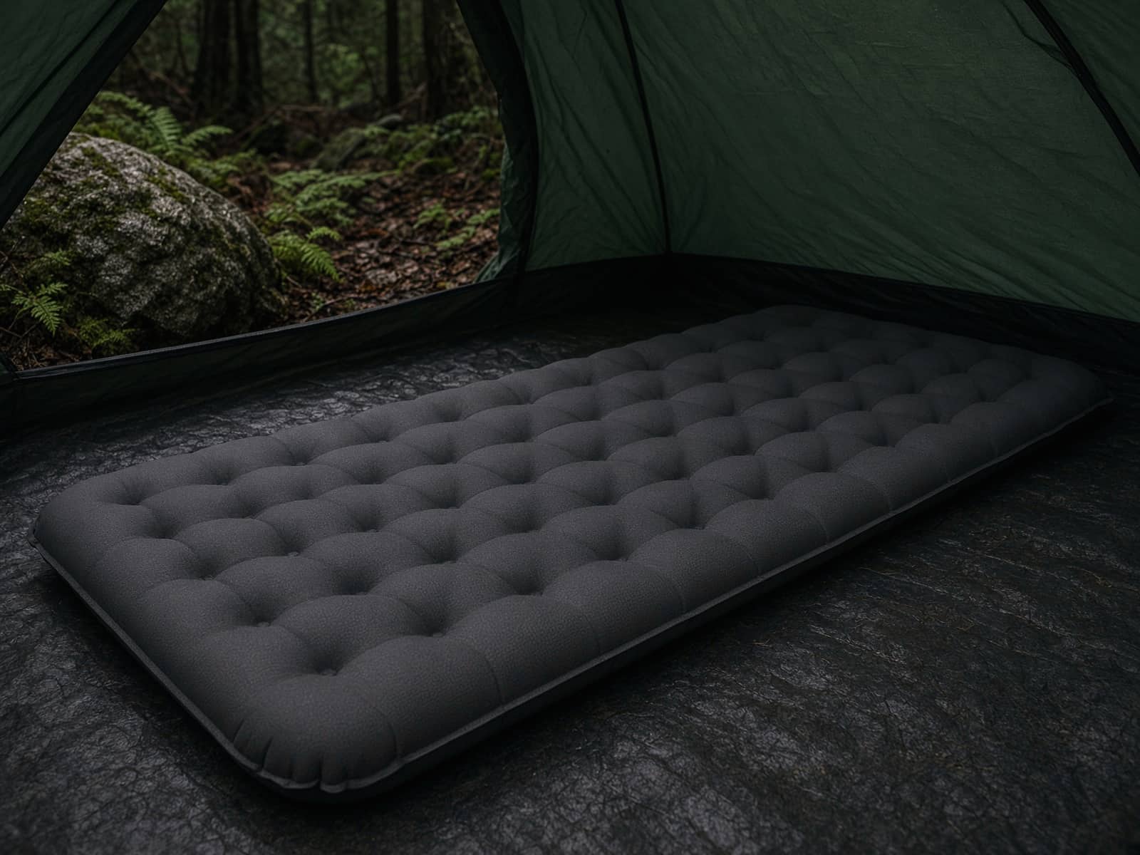 A wide rectangular air pad on a tent floor