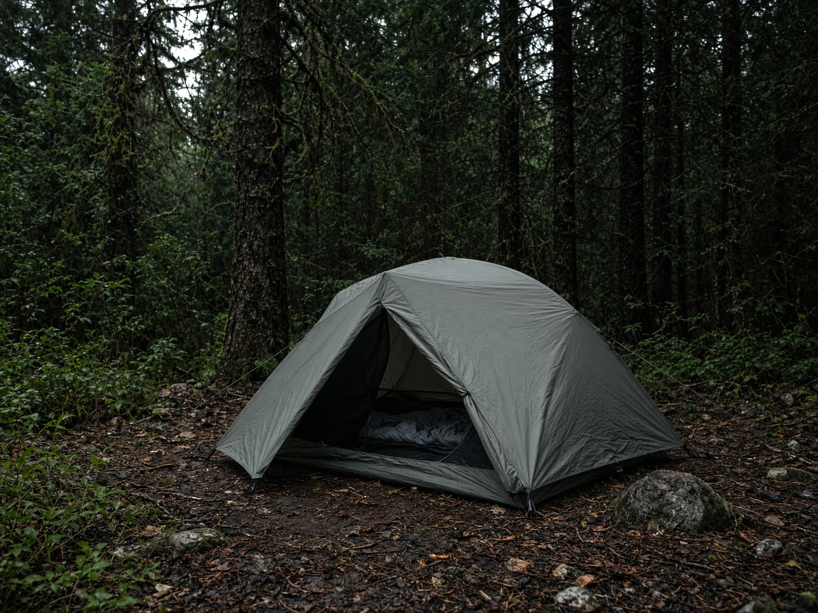 A semi-freestanding ultralight tent pitched at a forest campsite