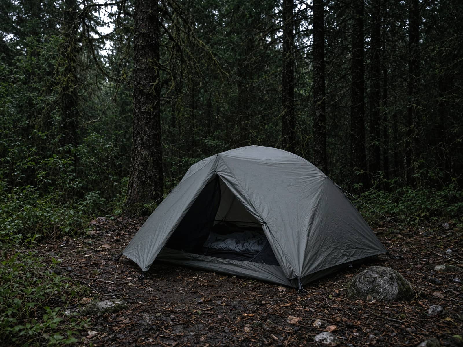 A semi-freestanding ultralight tent pitched at a forest campsite