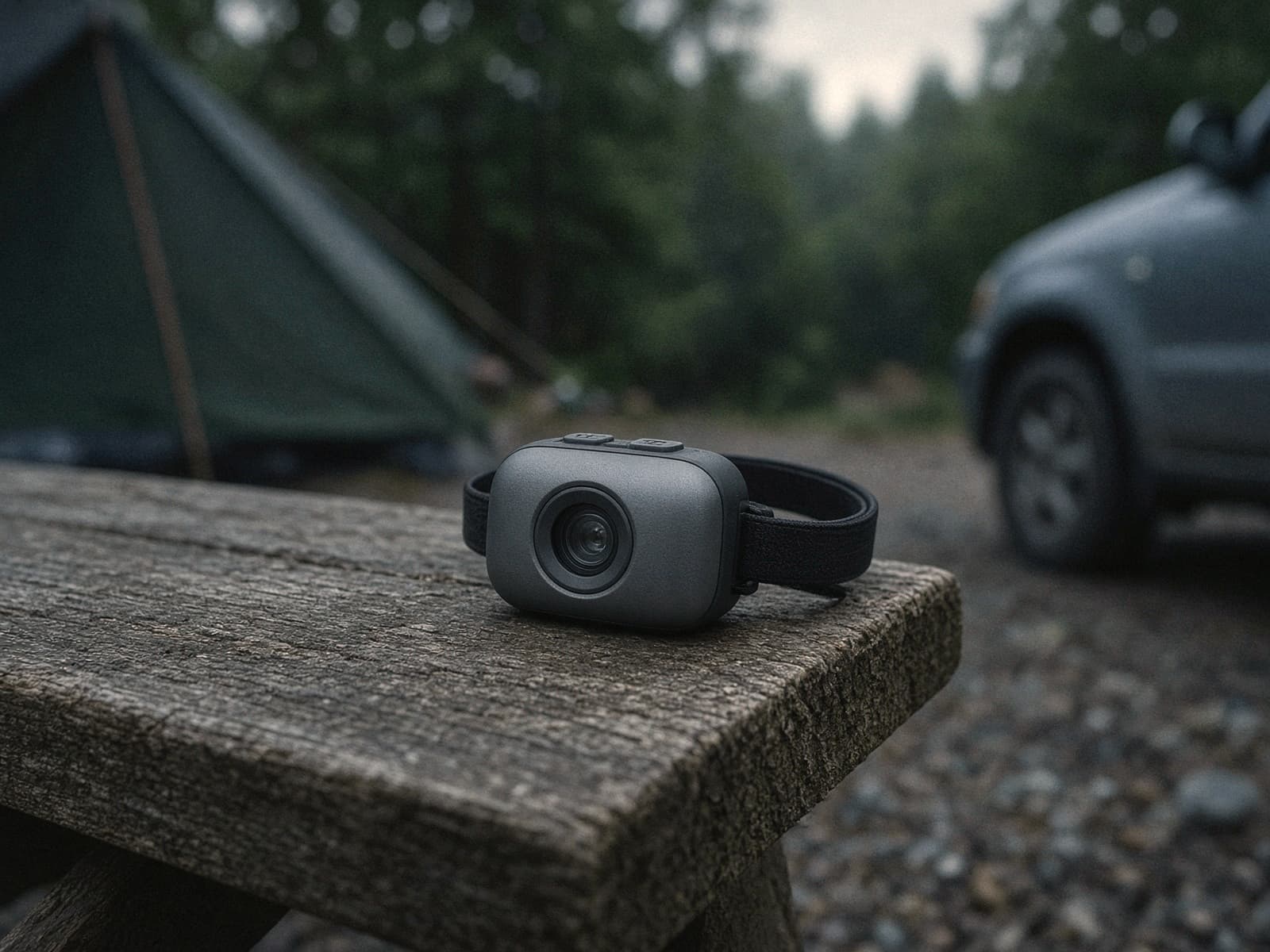 A small kid headlamp at a family car campsite