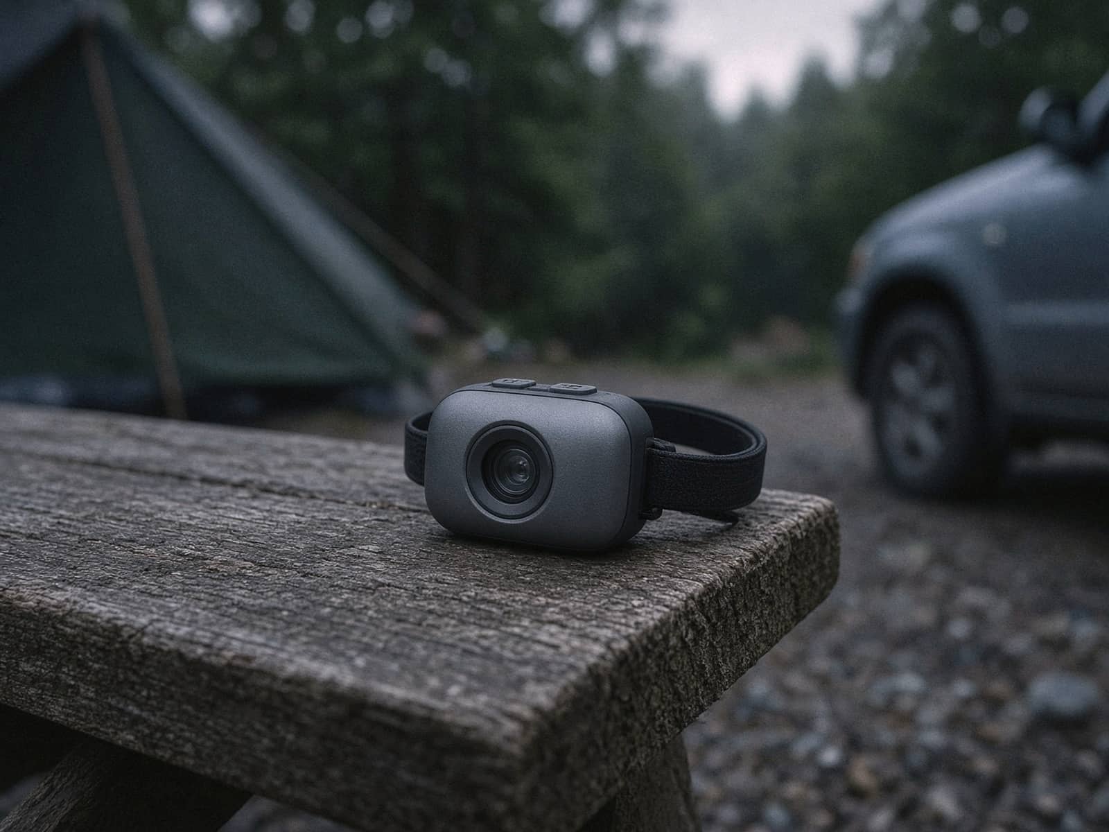A small kid headlamp at a family car campsite