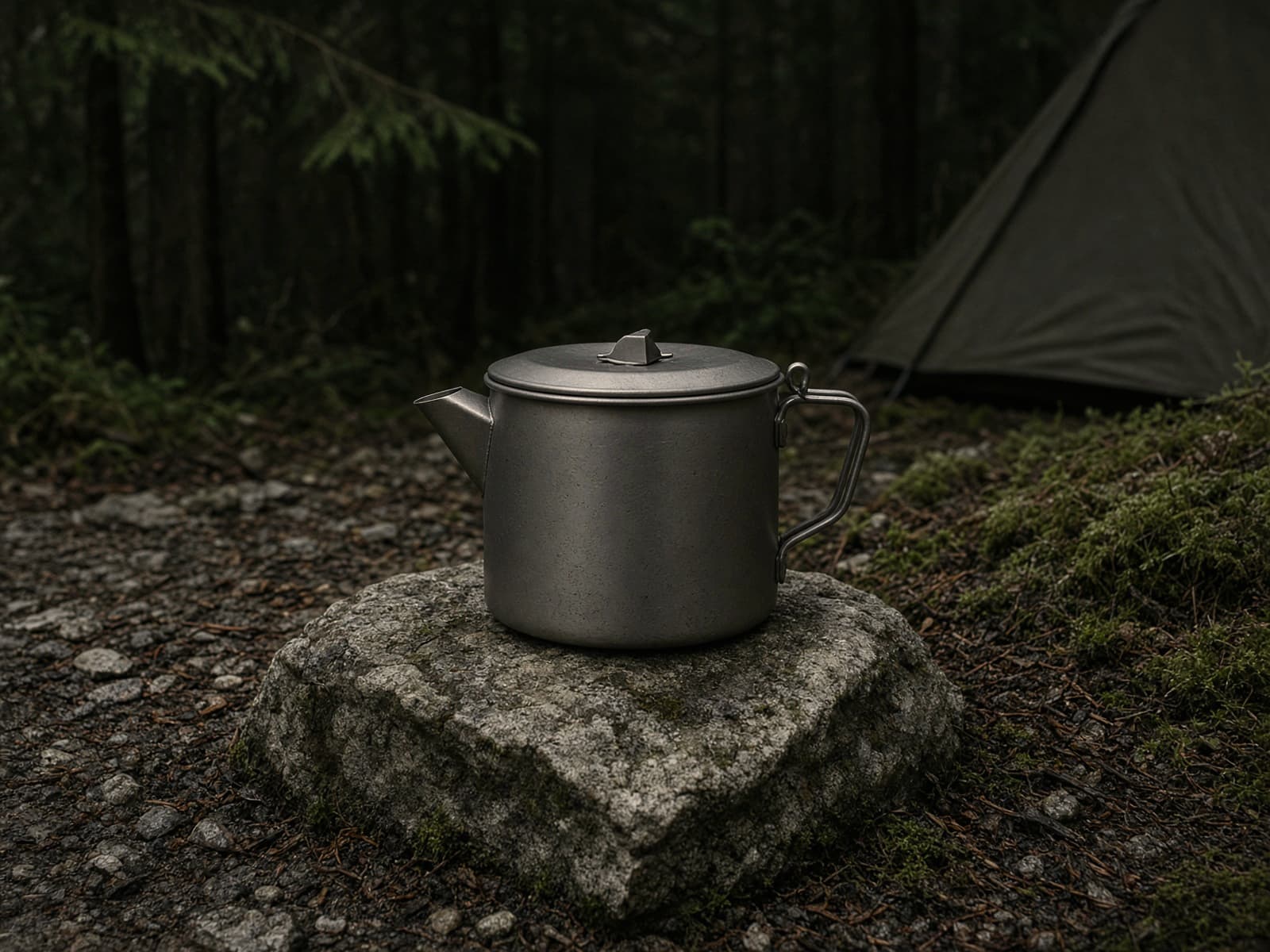 A titanium kettle on a stone at camp
