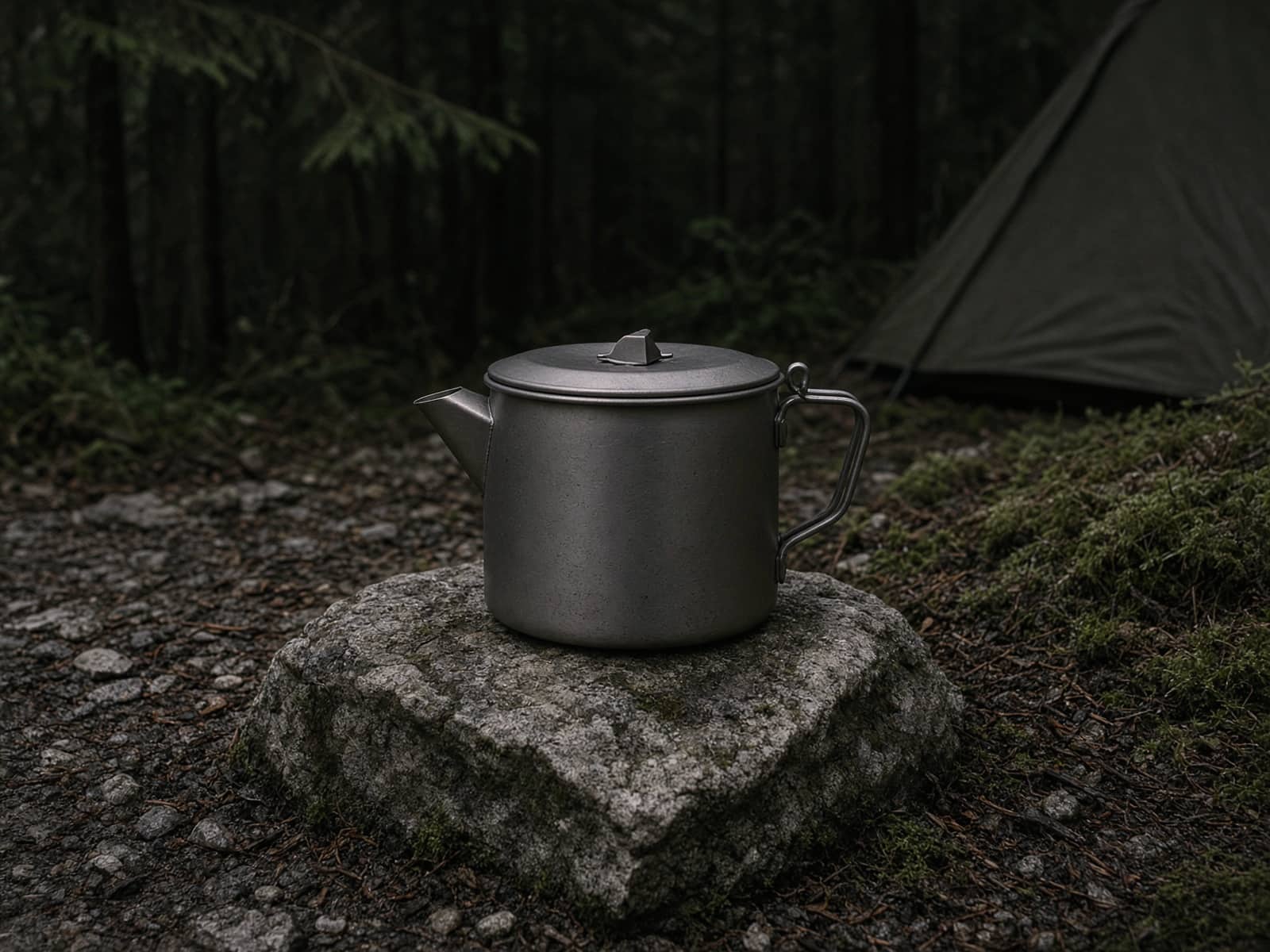 A titanium kettle on a stone at camp
