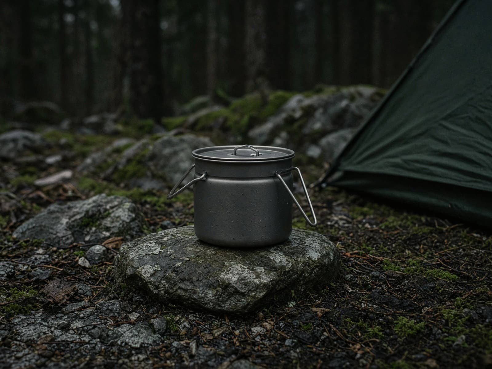 A titanium 750ml pot on a stone at camp