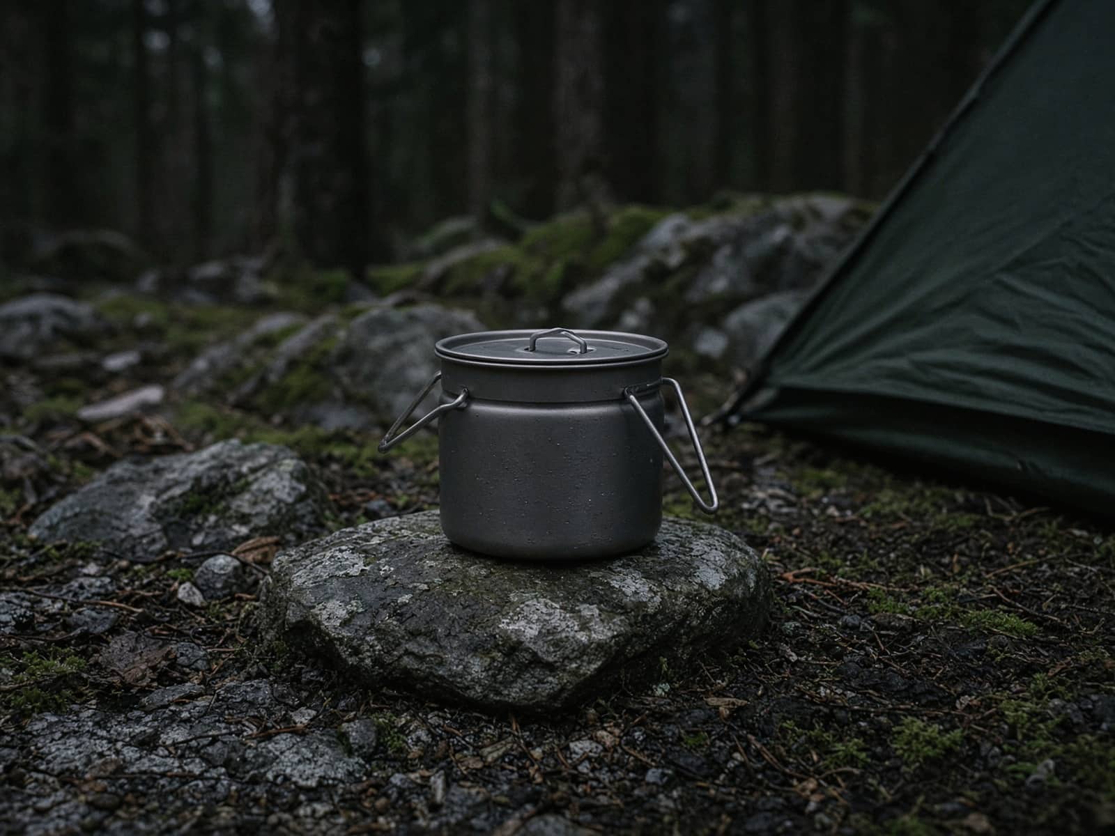 A titanium 750ml pot on a stone at camp