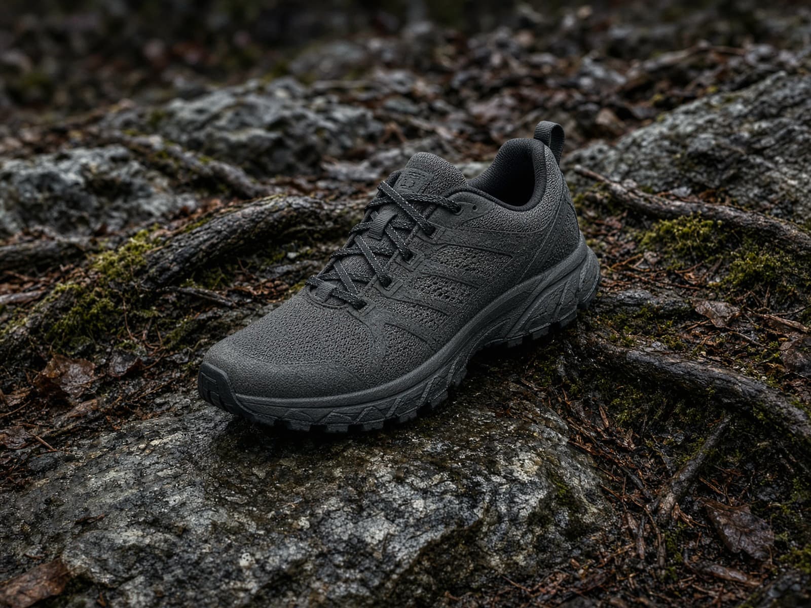A wide-toe cushioned trail shoe on wet rock and roots