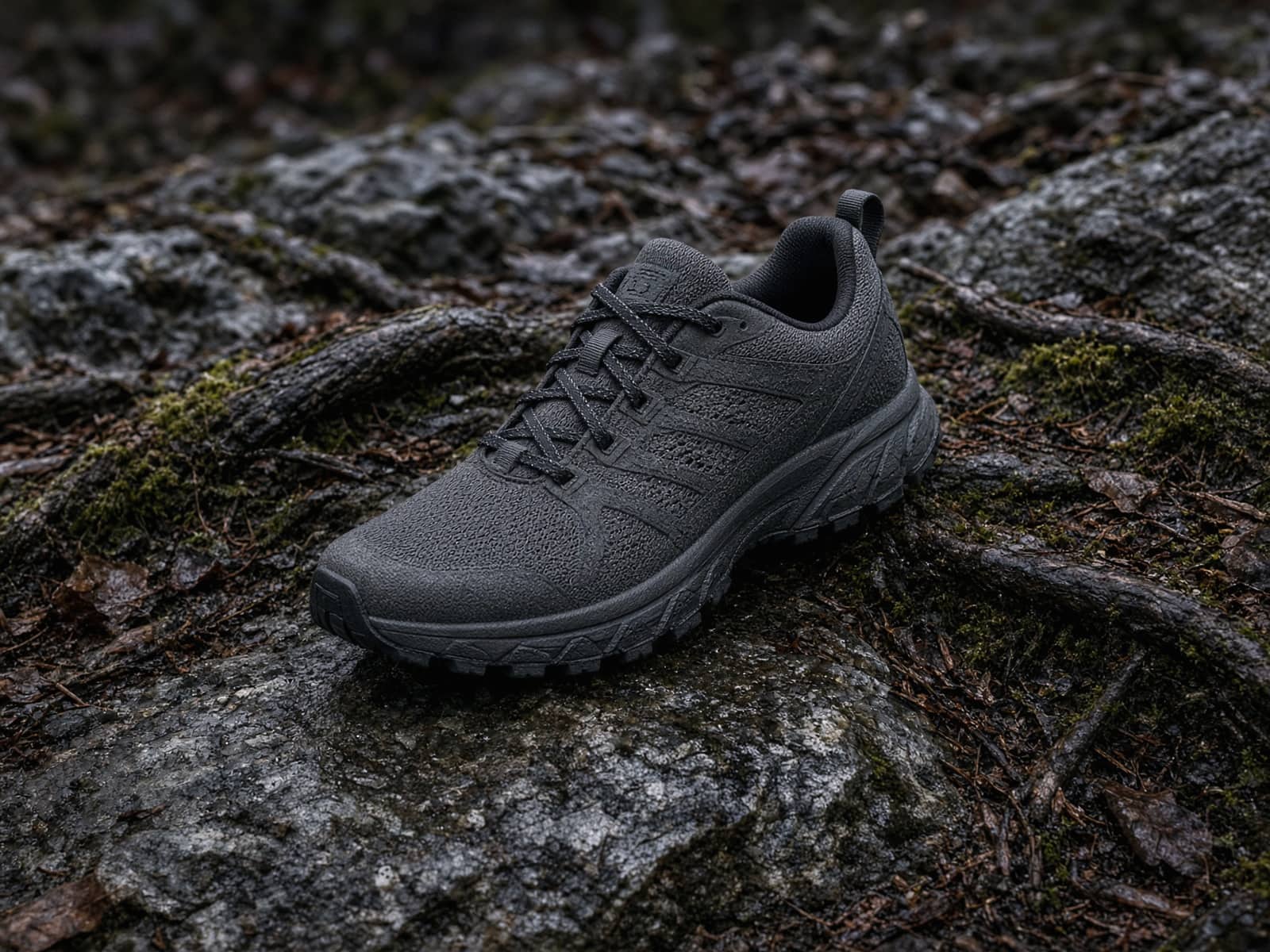 A wide-toe cushioned trail shoe on wet rock and roots