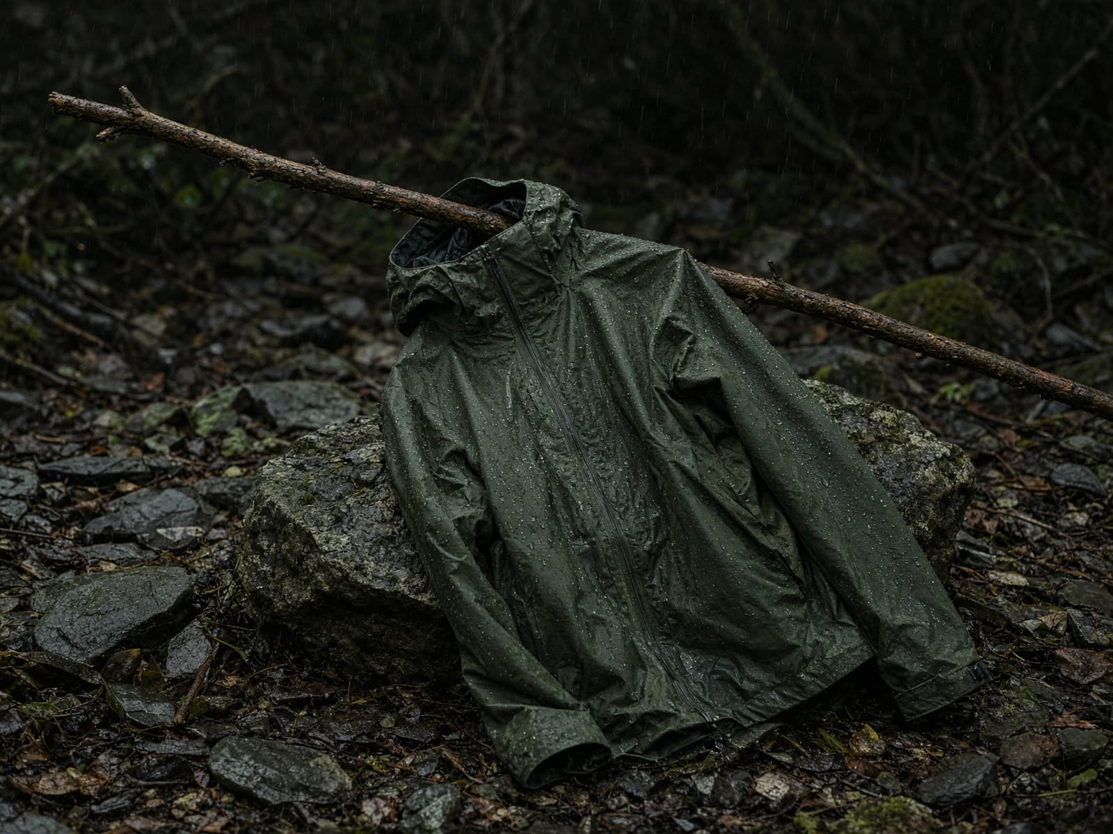 An everyday hardshell rain jacket hung from a branch in light rain