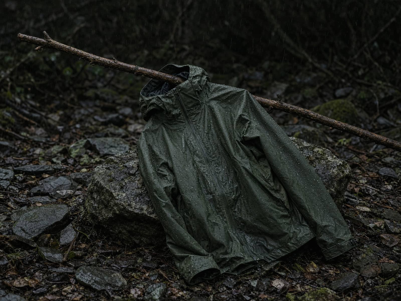 An everyday hardshell rain jacket hung from a branch in light rain