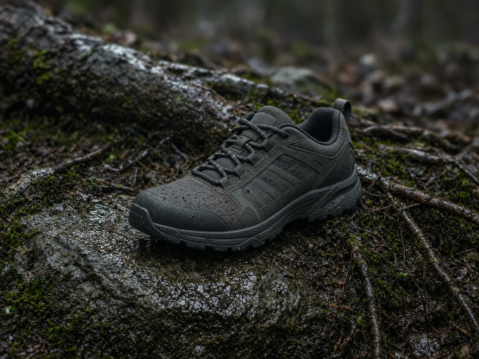 A low-cut hiking shoe on wet rock and roots