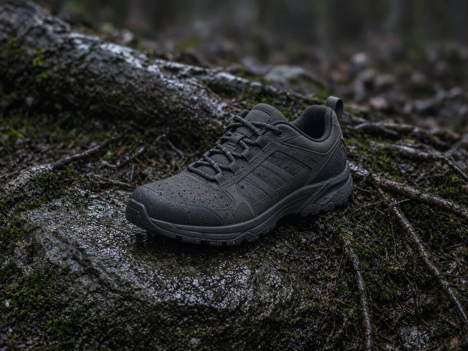 A low-cut hiking shoe on wet rock and roots