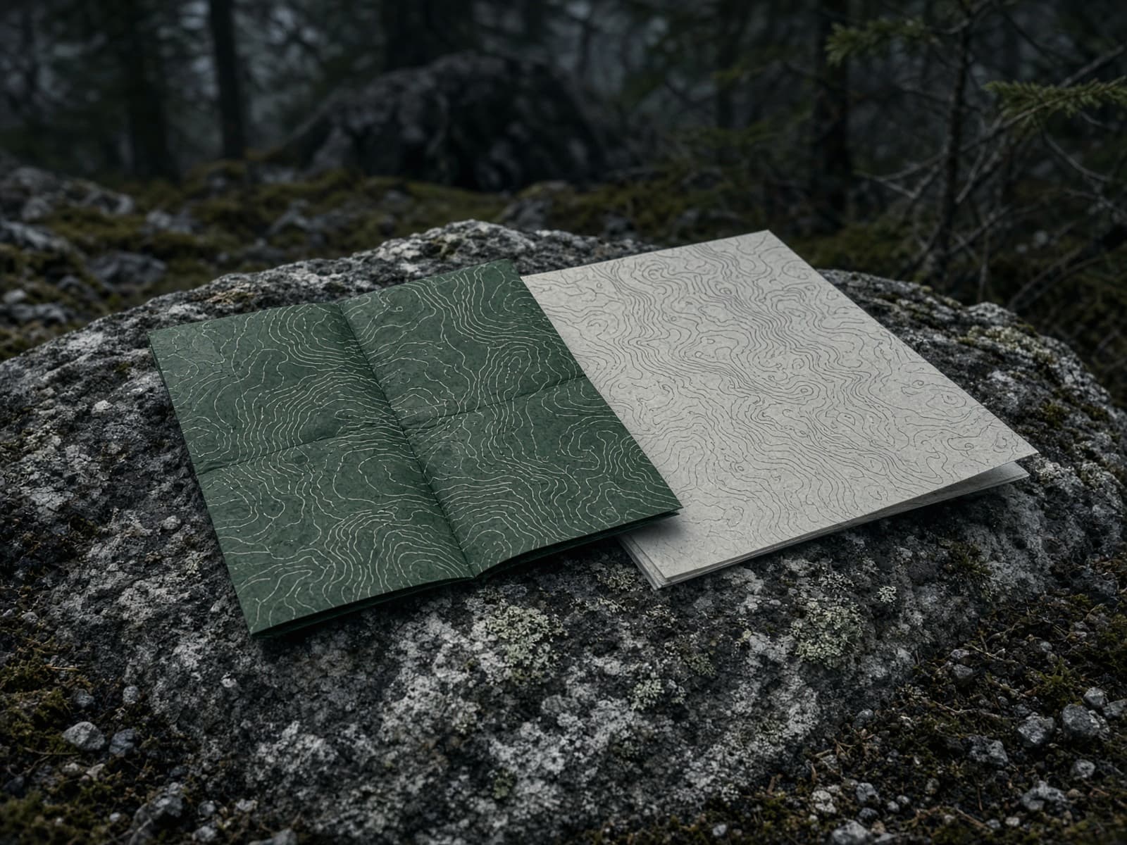 A folded waterproof trail map on a rock beside a topo map