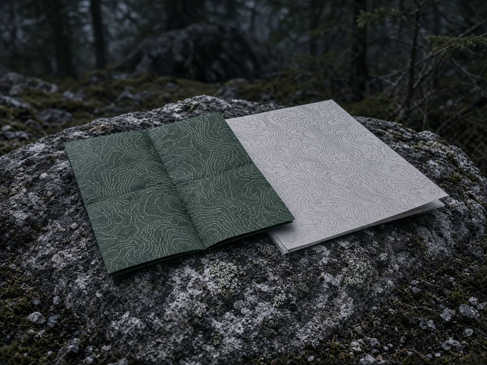 A folded waterproof trail map on a rock beside a topo map