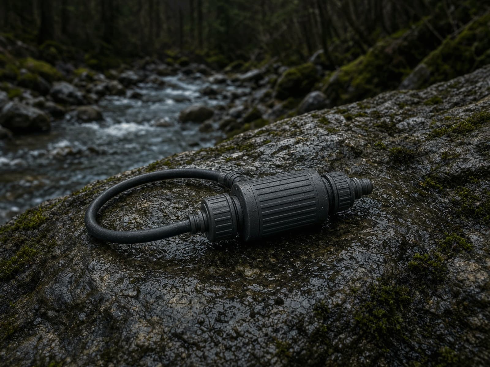 A pocket trickle filter with a hose beside a stream