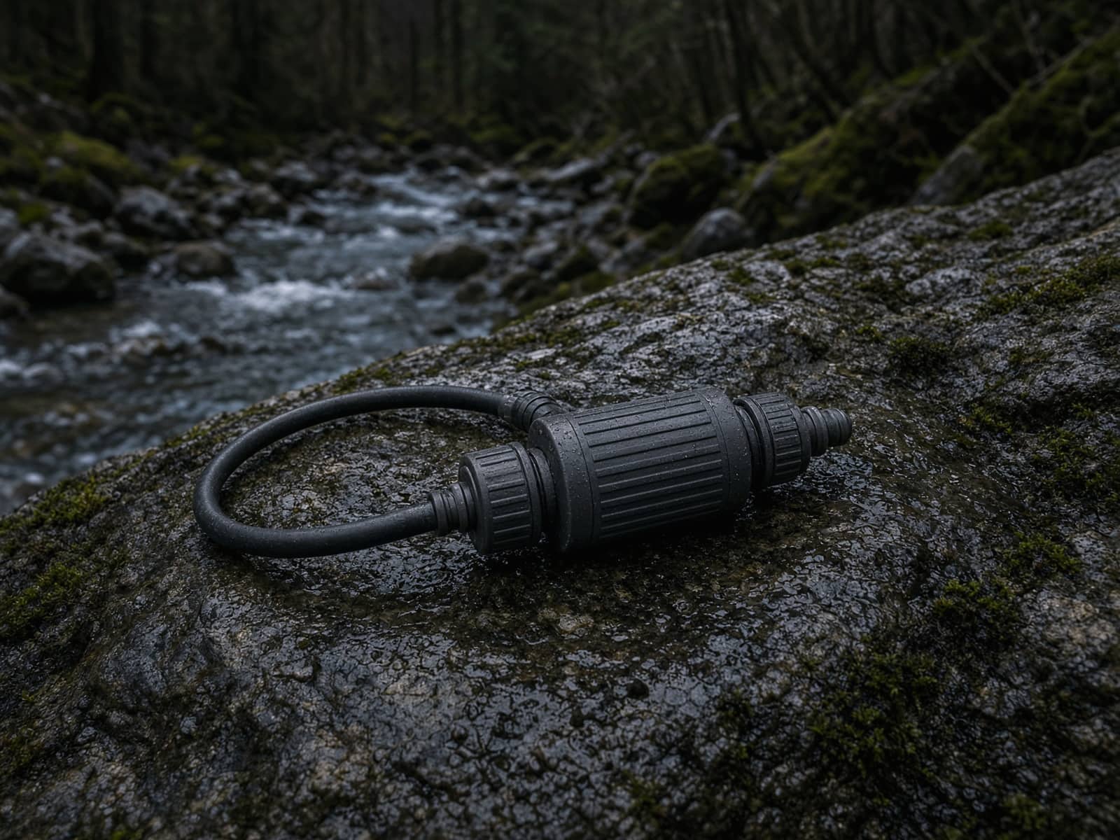 A pocket trickle filter with a hose beside a stream
