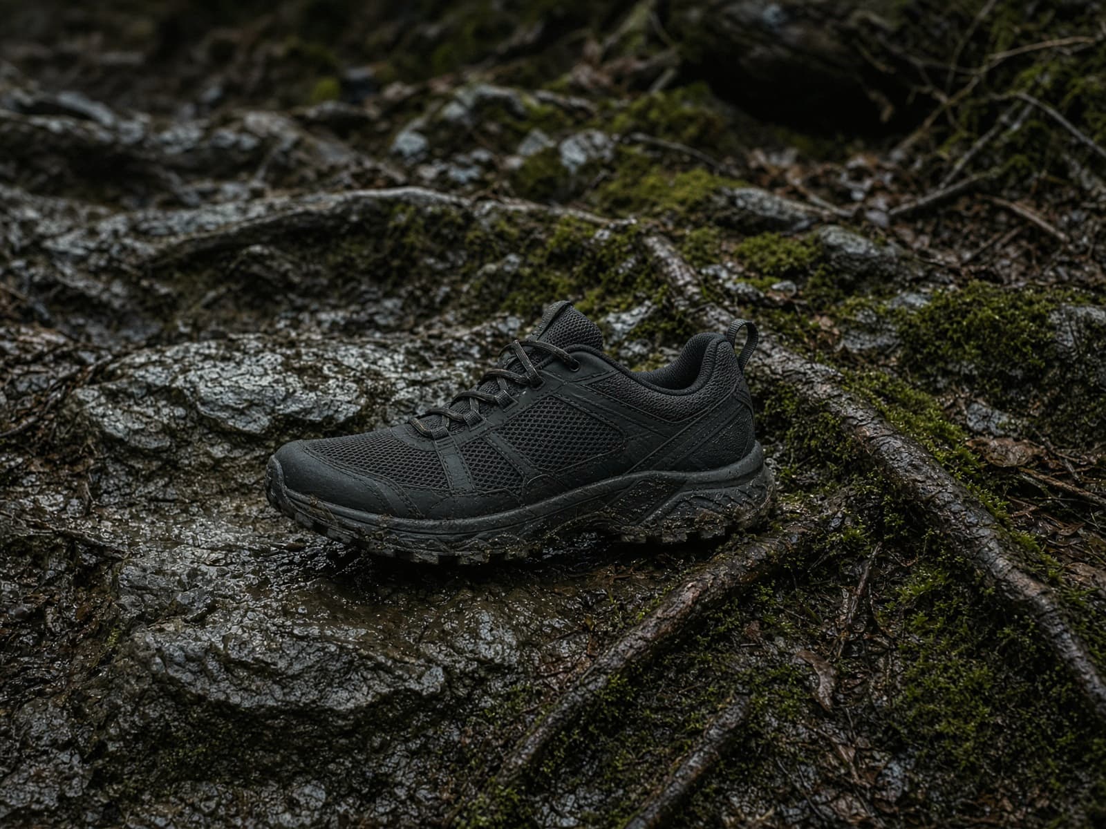 A sticky-soled protective trail shoe on wet rock and roots