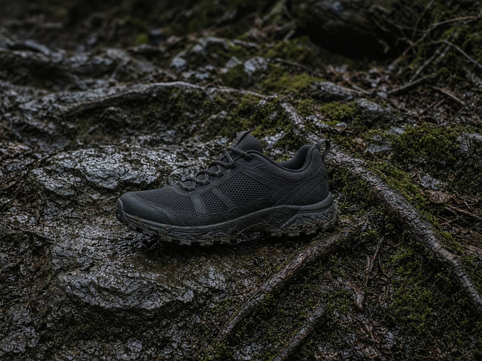 A sticky-soled protective trail shoe on wet rock and roots