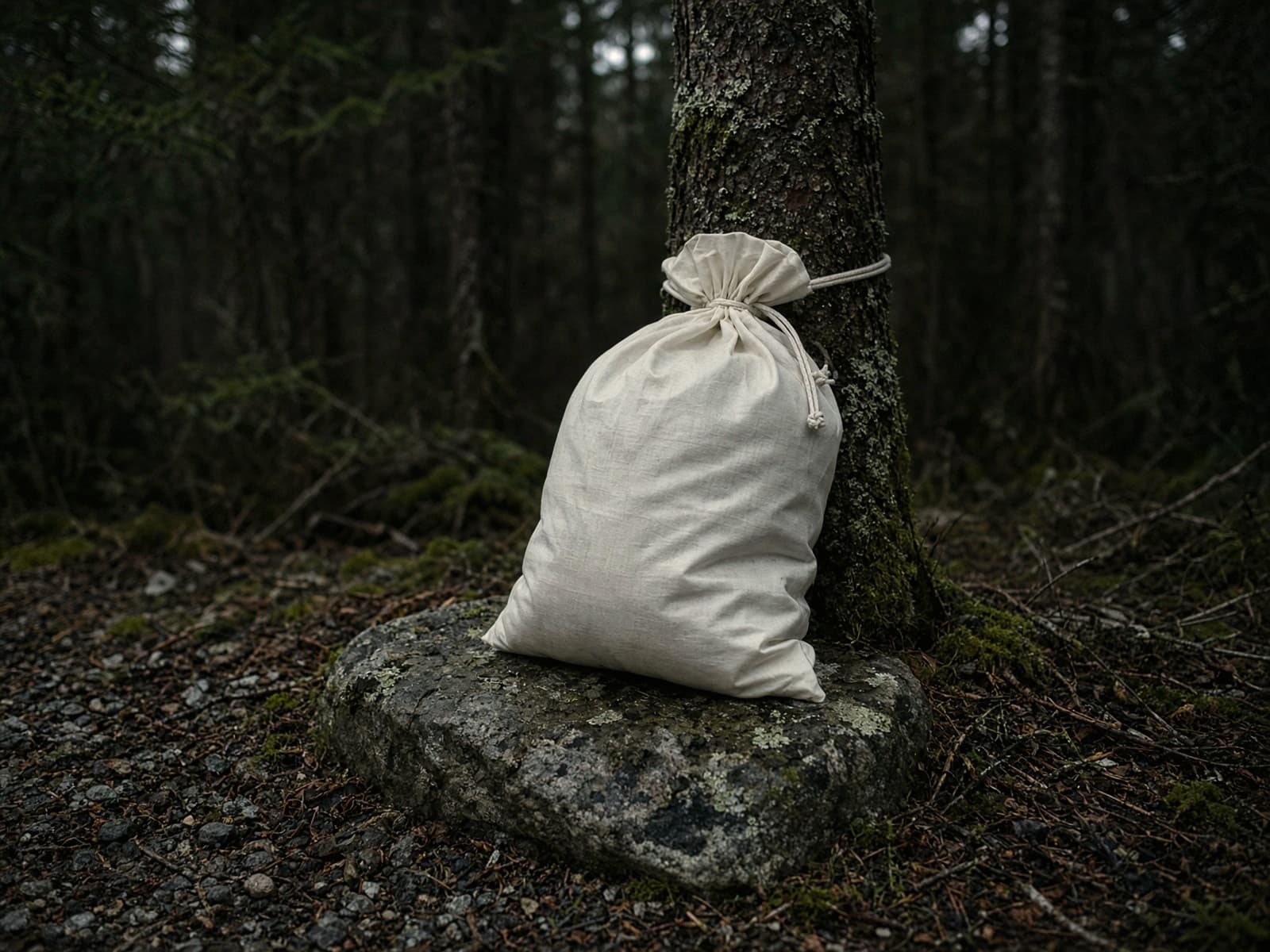 A soft white bear-resistant bag tied to a tree on a stone at camp