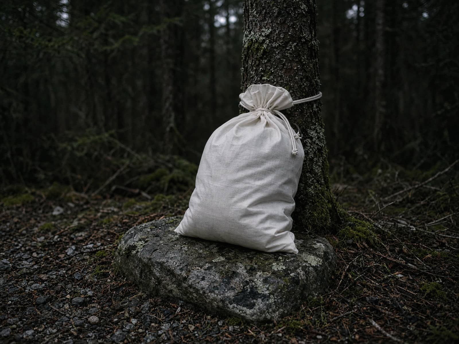A soft white bear-resistant bag tied to a tree on a stone at camp
