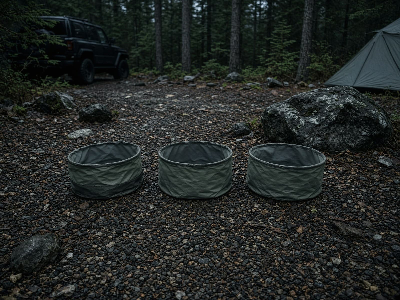 Three collapsible wash bins at a car campsite
