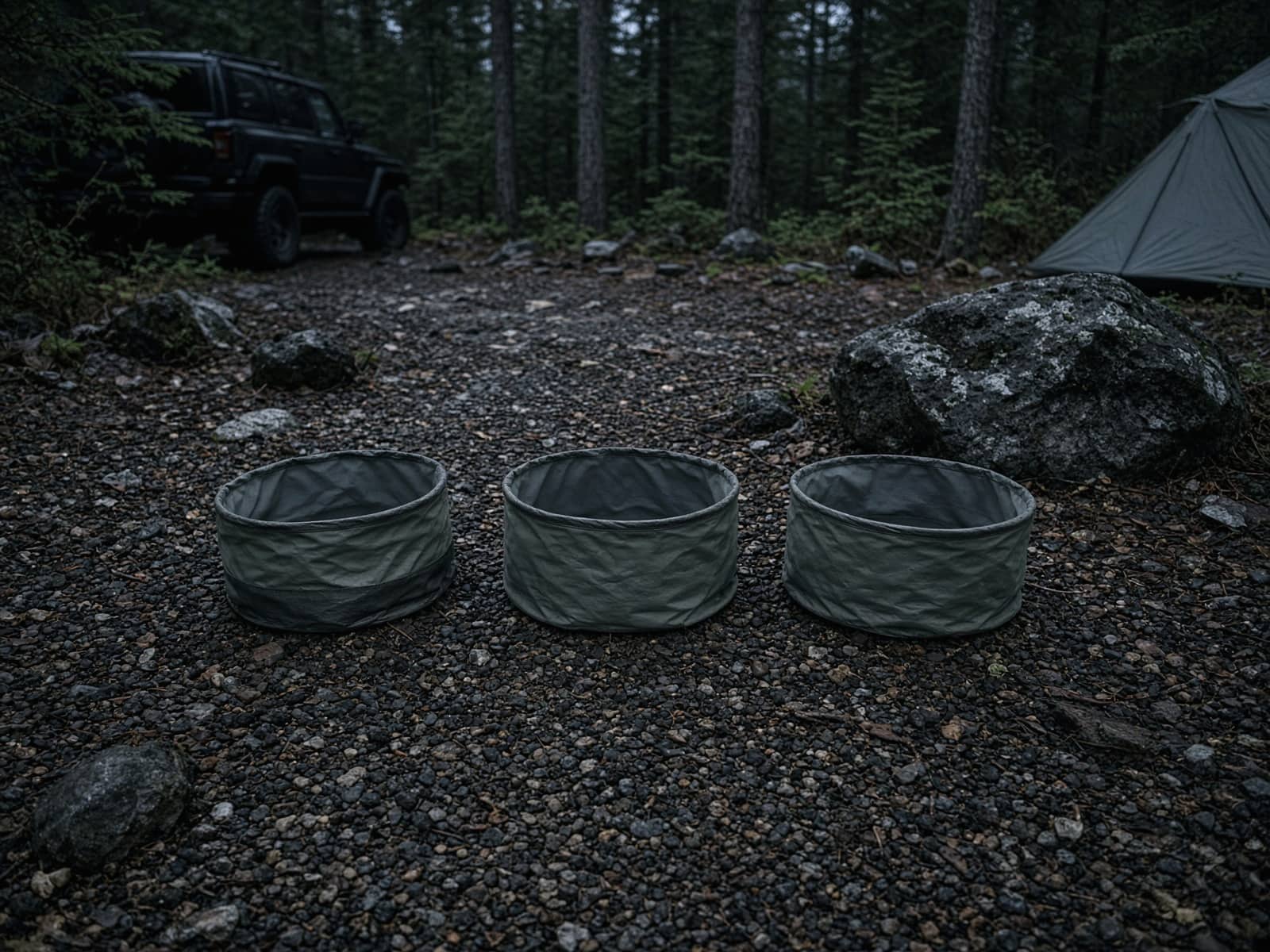 Three collapsible wash bins at a car campsite