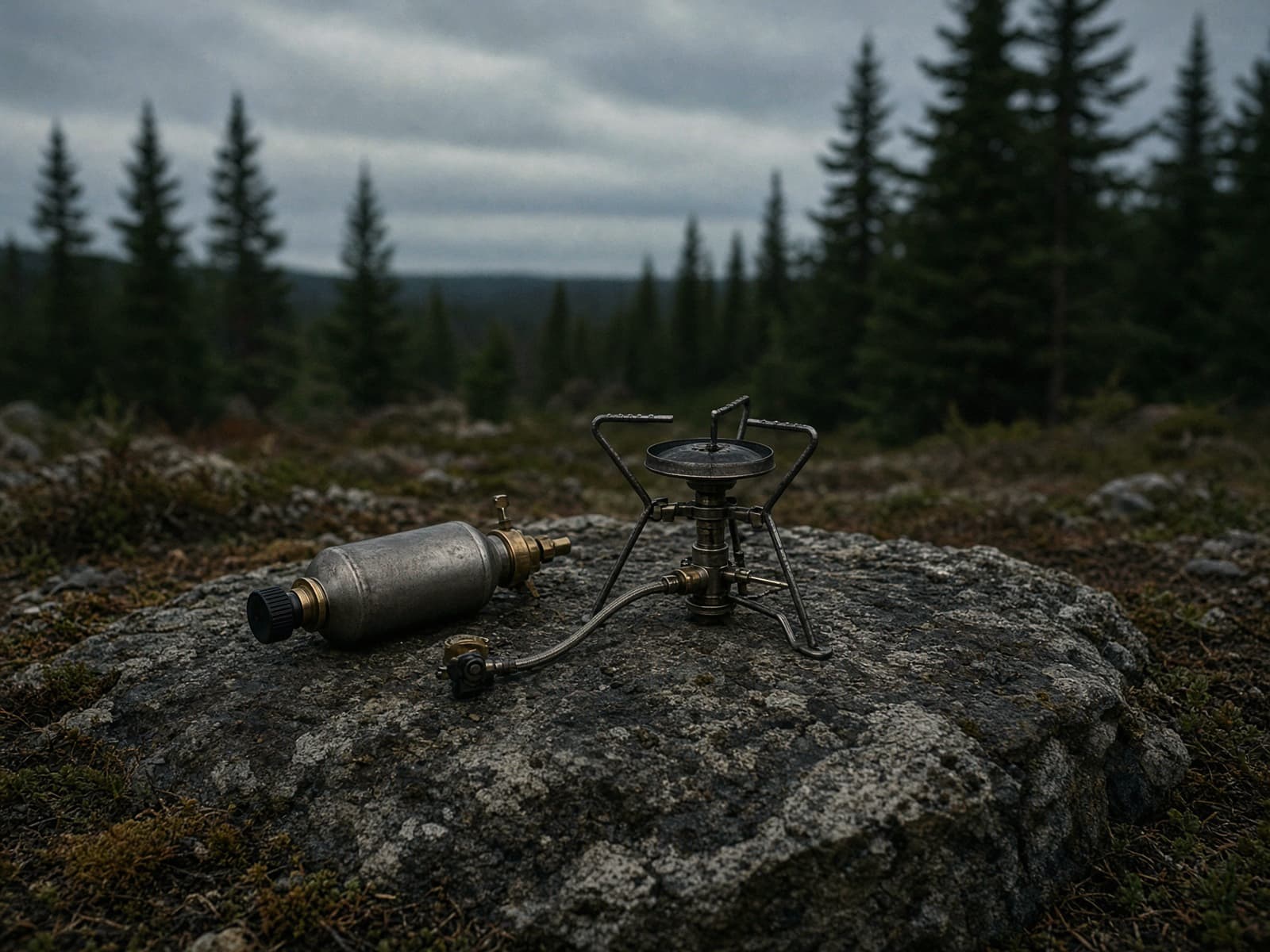 A liquid-fuel stove with a fuel bottle and pump on a flat rock at dusk