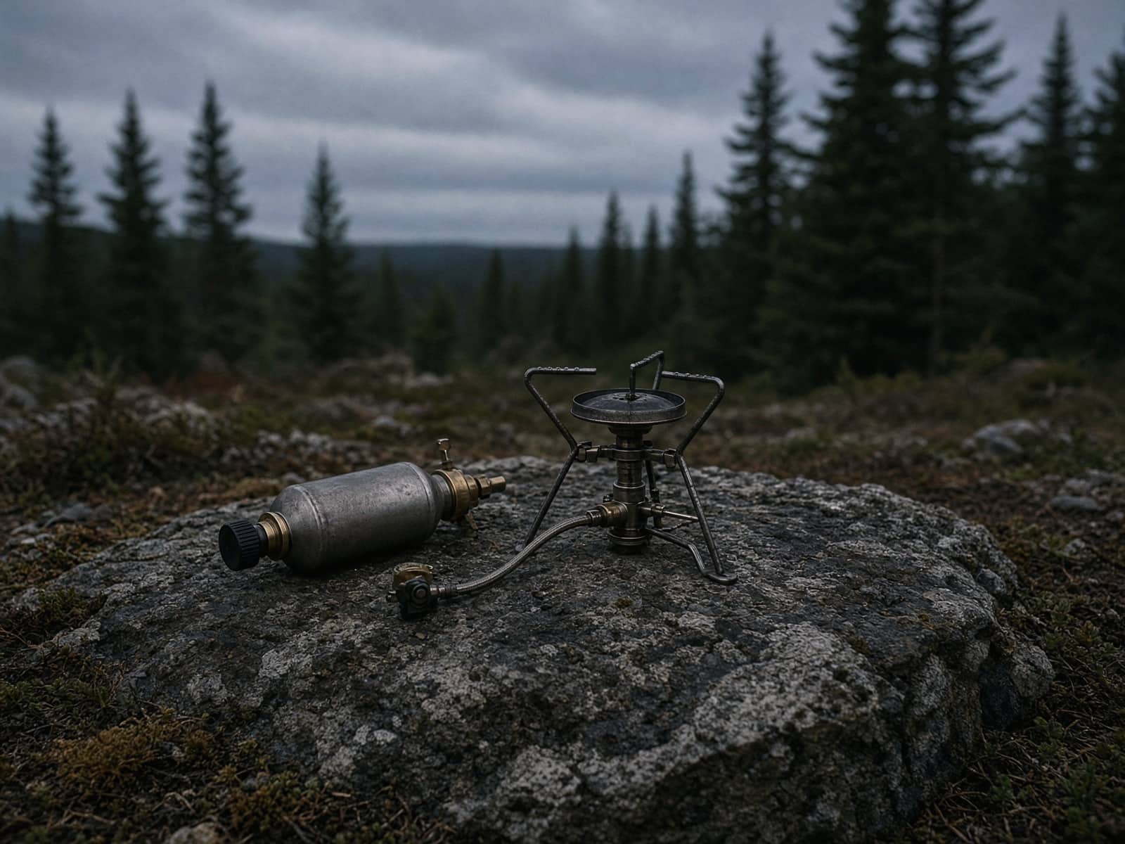 A liquid-fuel stove with a fuel bottle and pump on a flat rock at dusk