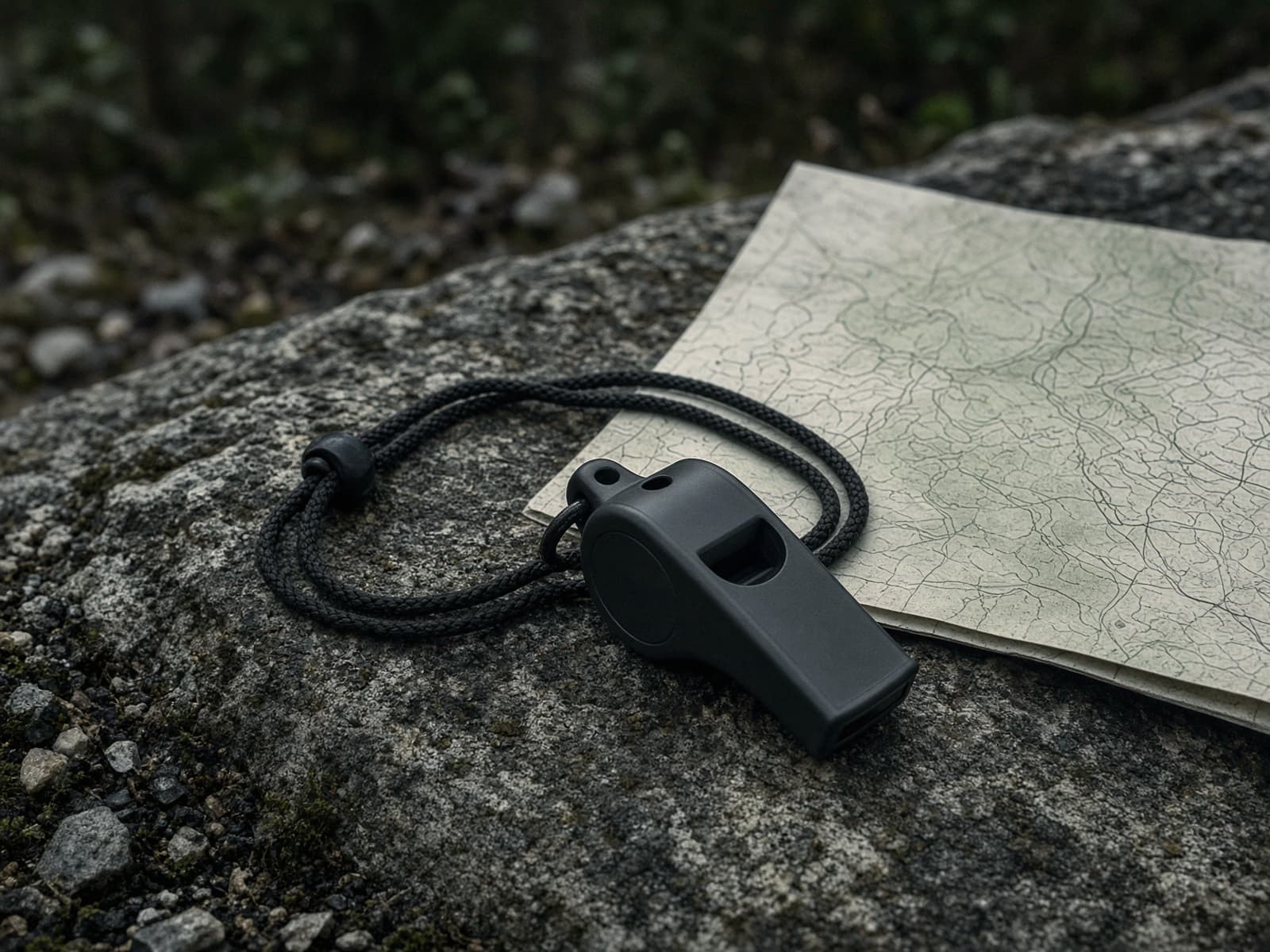A pealess plastic whistle on a cord on a rock beside a topo map