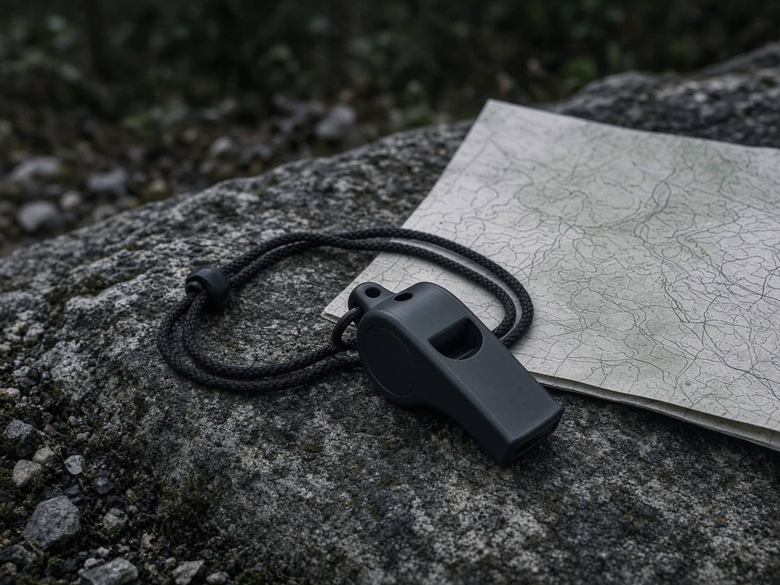 A pealess plastic whistle on a cord on a rock beside a topo map