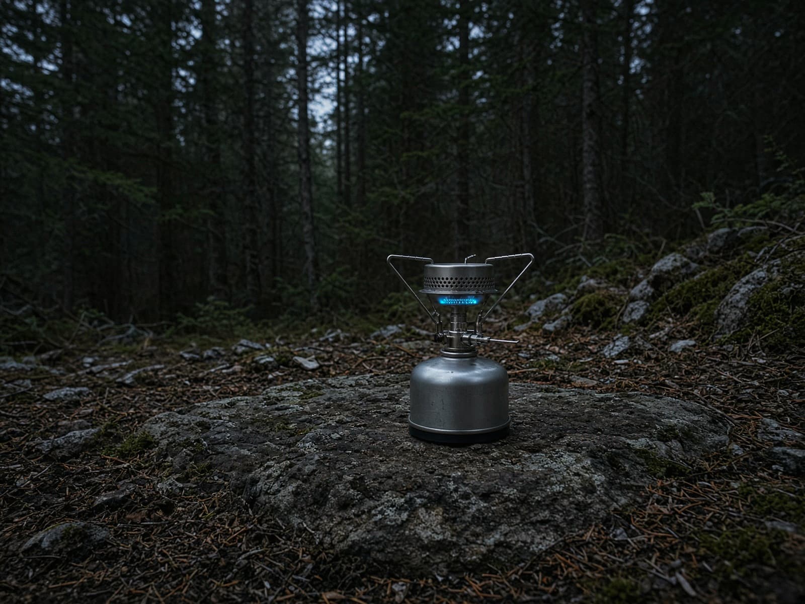 A compact canister stove with a pot support and a small flame on a flat rock at dusk
