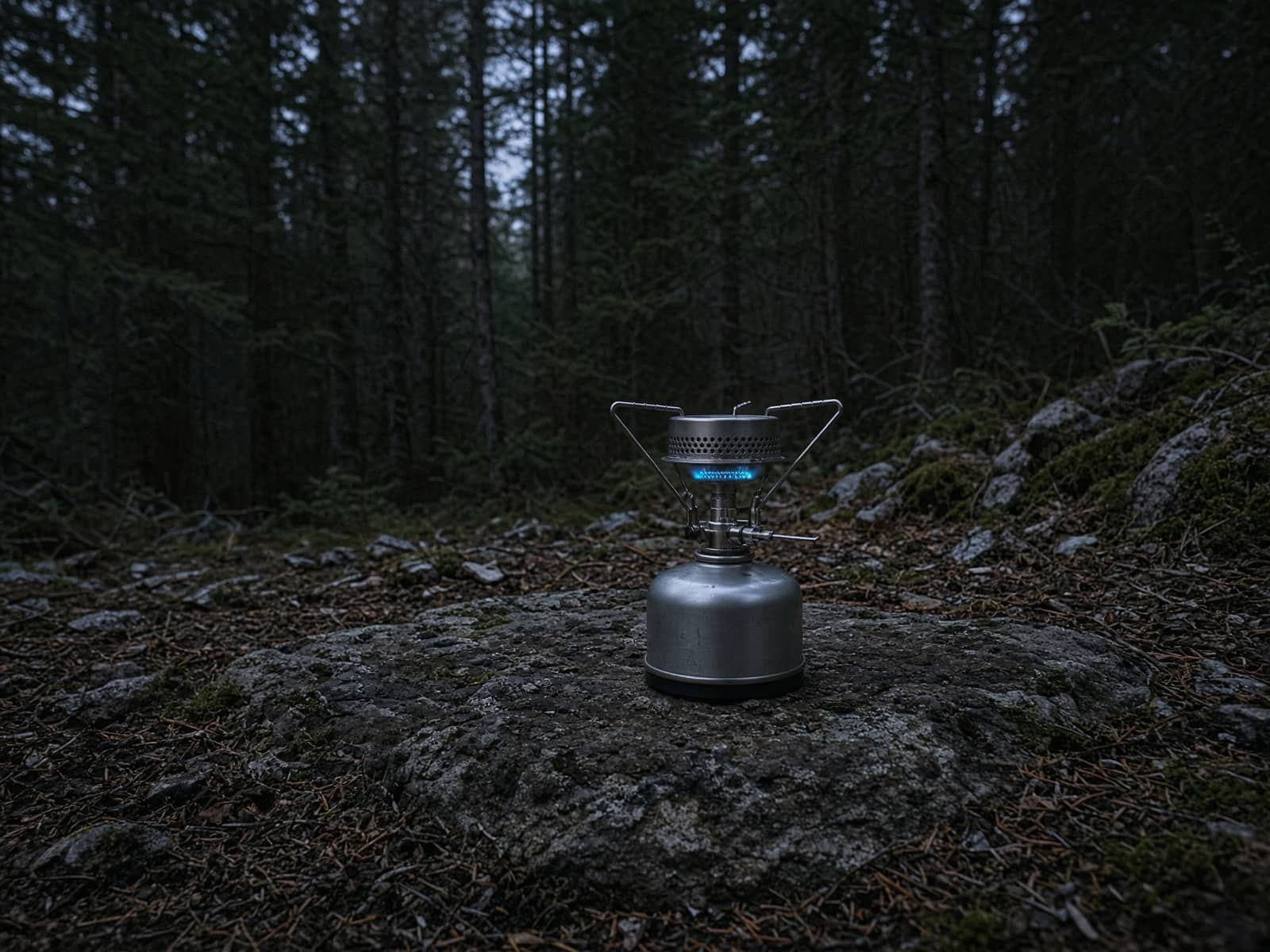 A compact canister stove with a pot support and a small flame on a flat rock at dusk