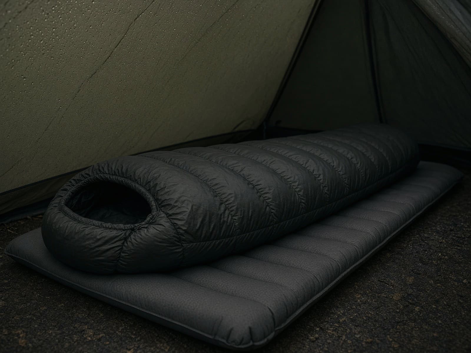 A premium narrow down mummy bag lofted on a pad inside a tent