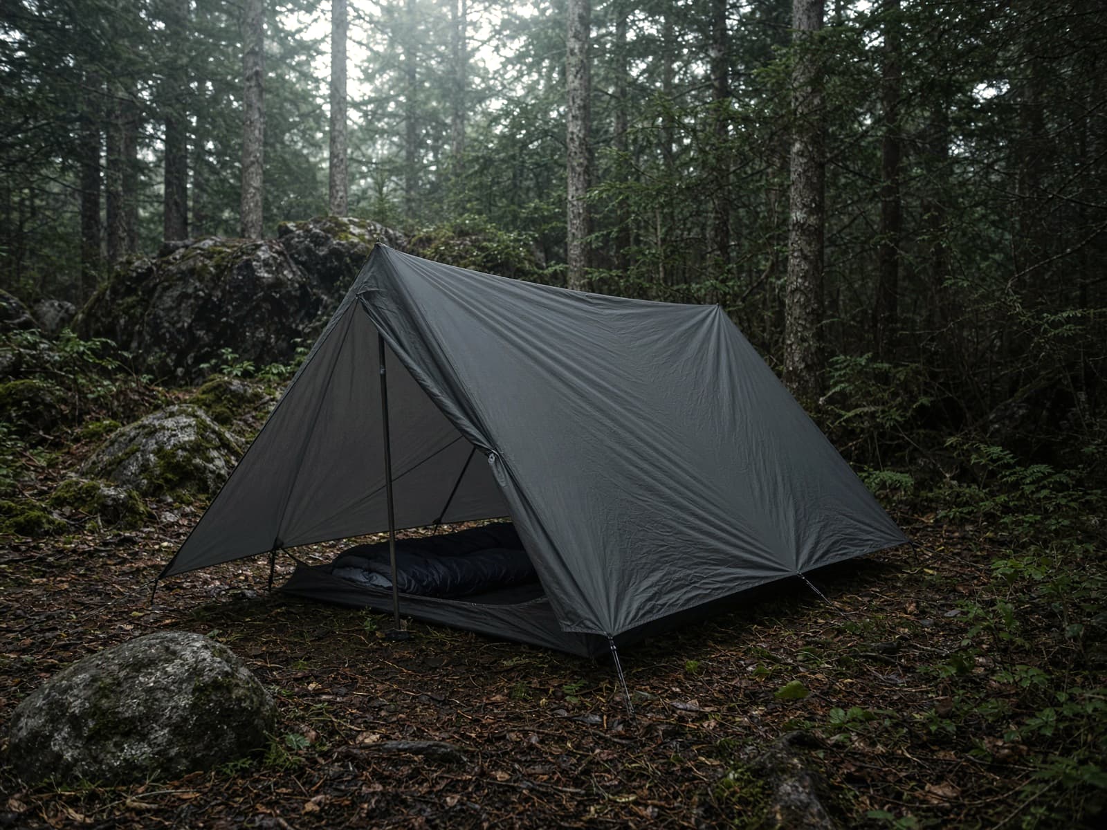A solo trekking-pole tent pitched at a forest campsite
