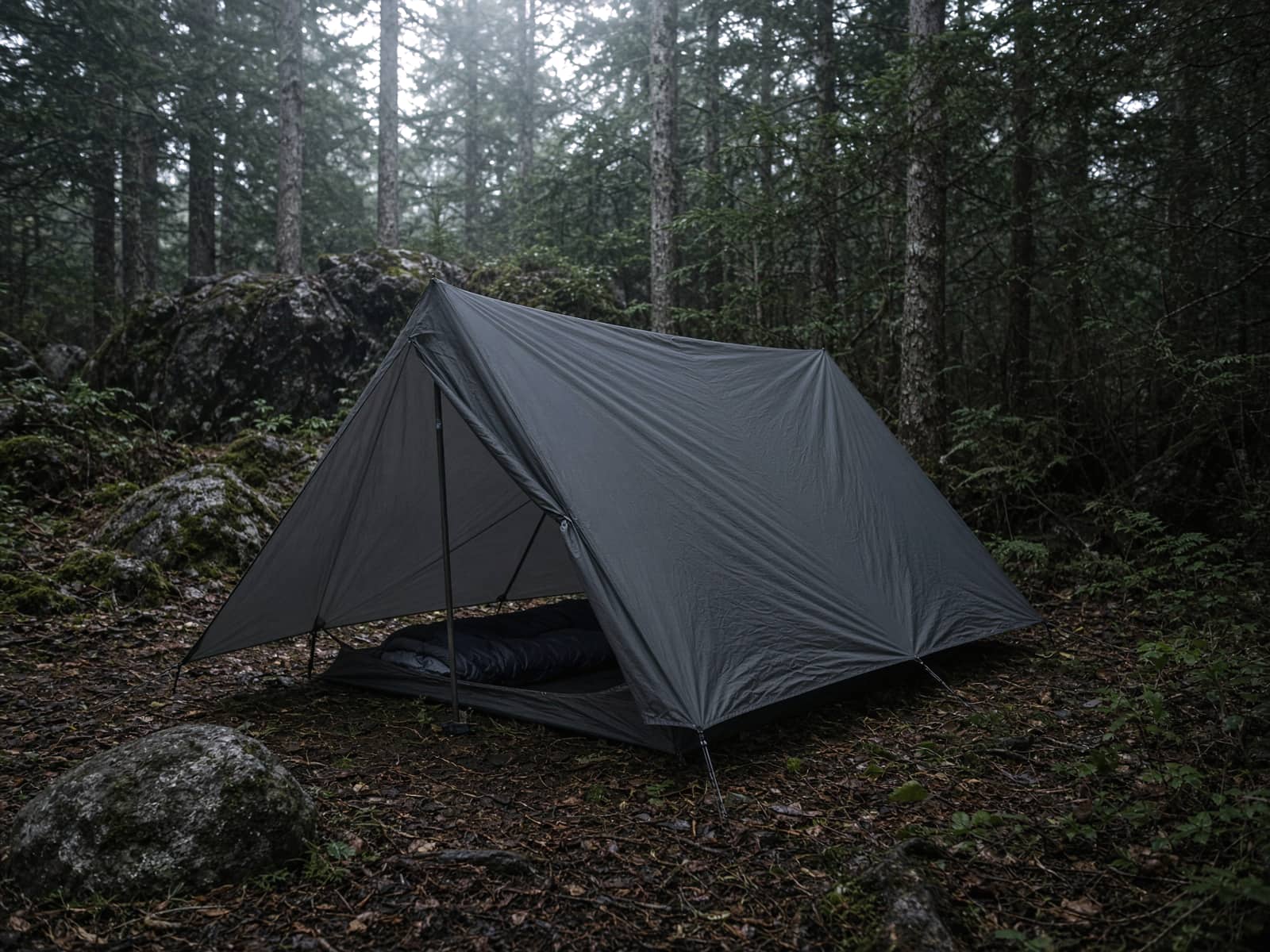 A solo trekking-pole tent pitched at a forest campsite