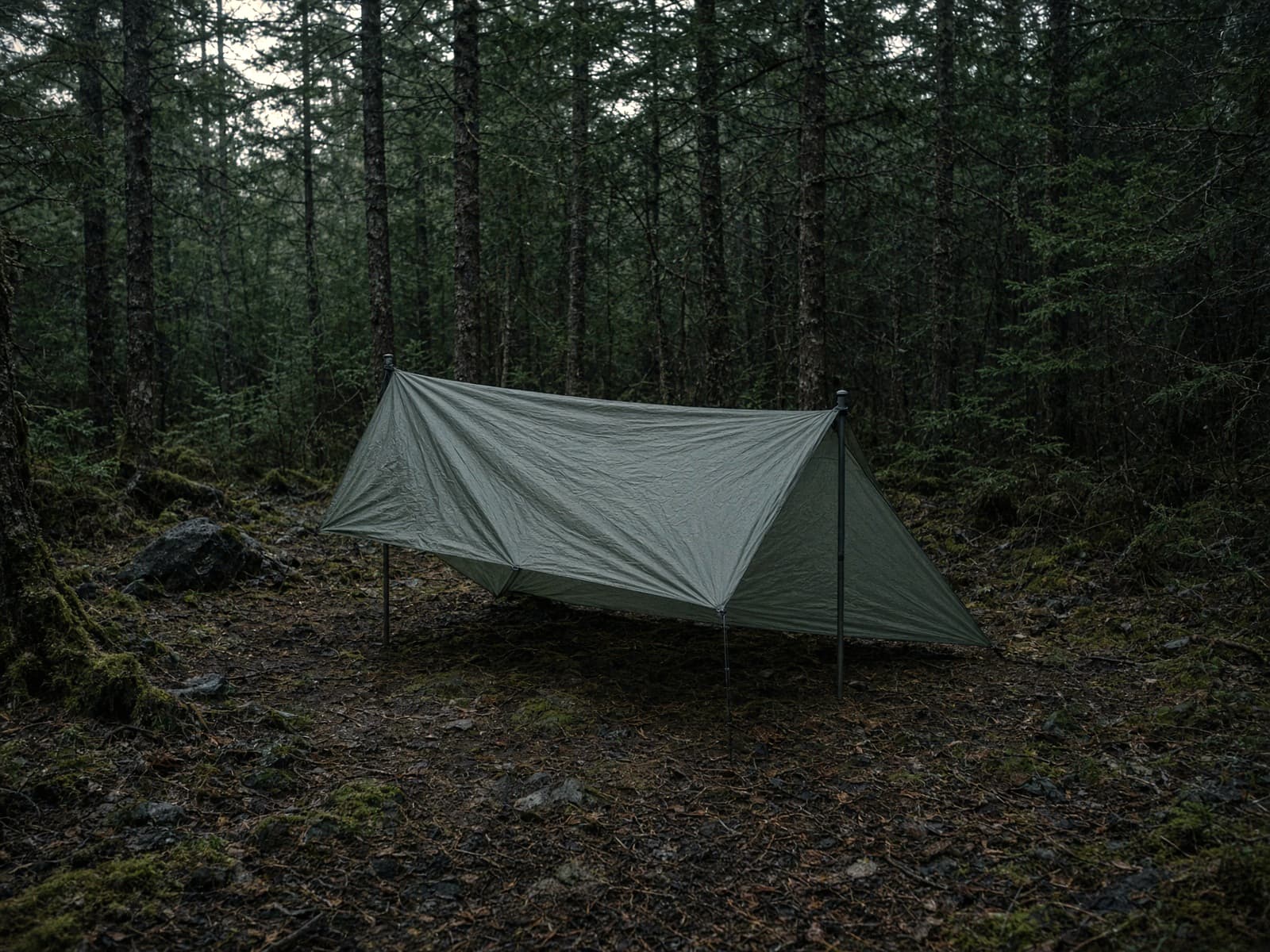 A two-pole trekking-pole tent pitched at a forest campsite