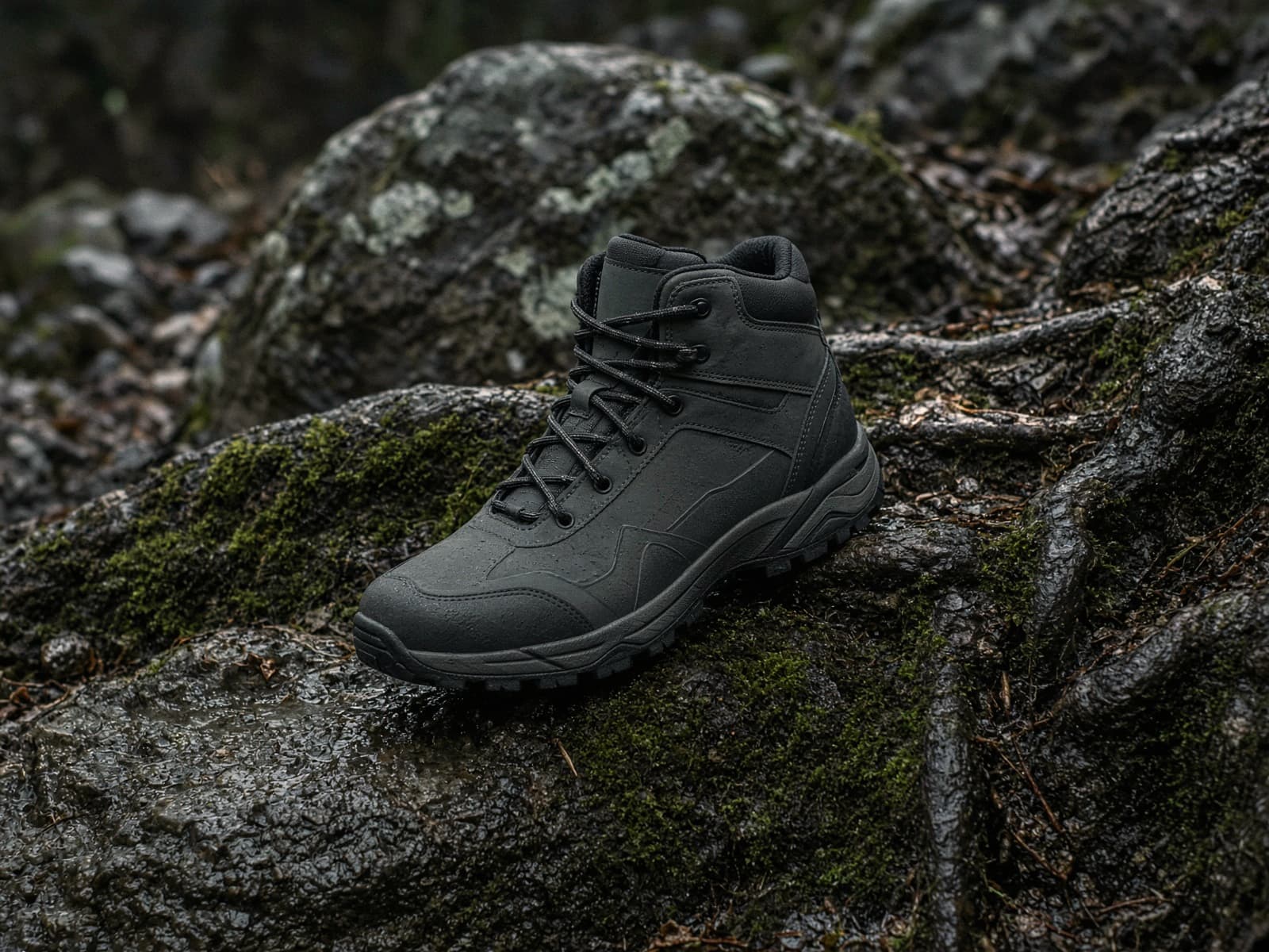 A nimble waterproof mid hiker on wet rock and roots