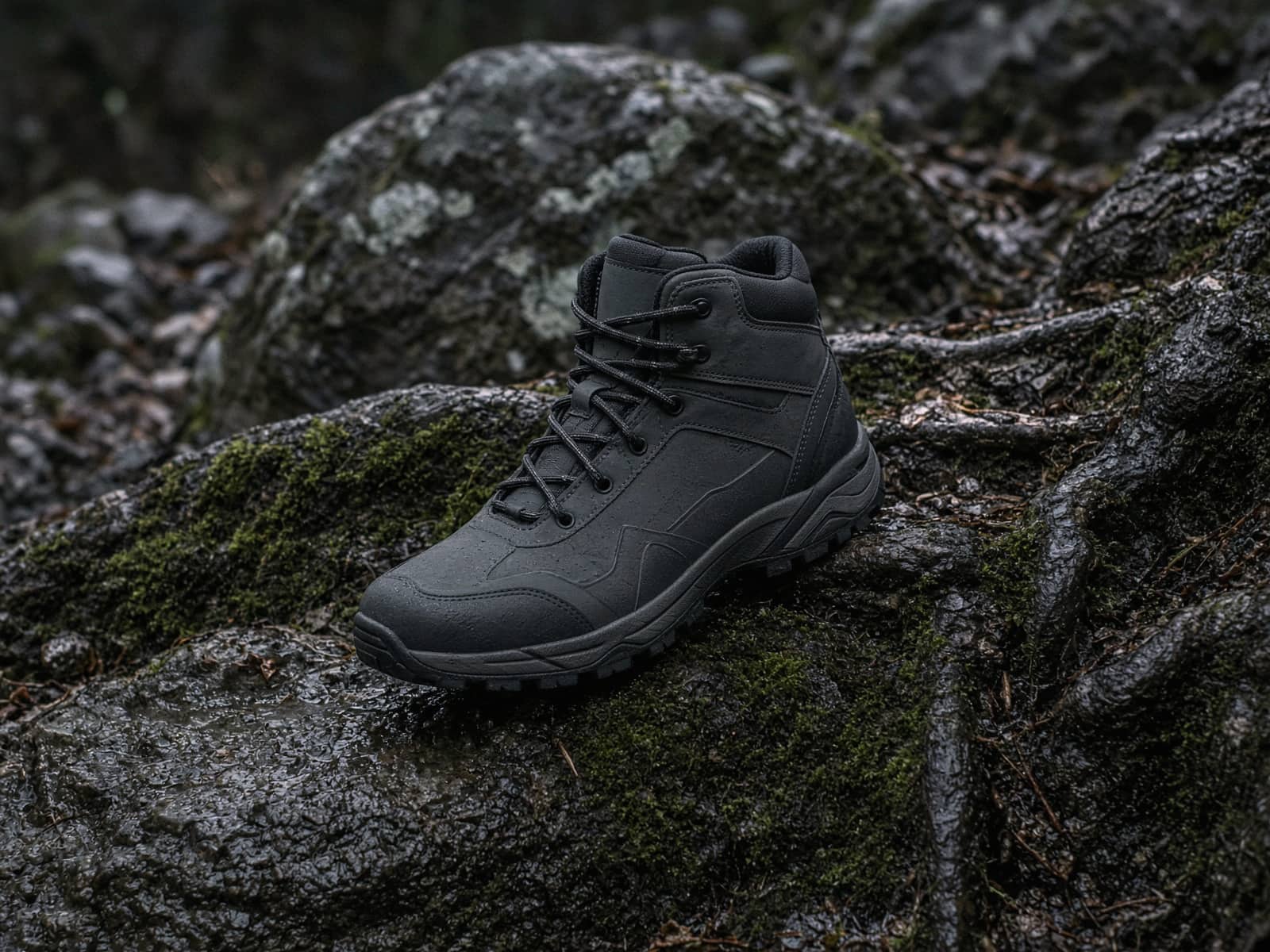 A nimble waterproof mid hiker on wet rock and roots