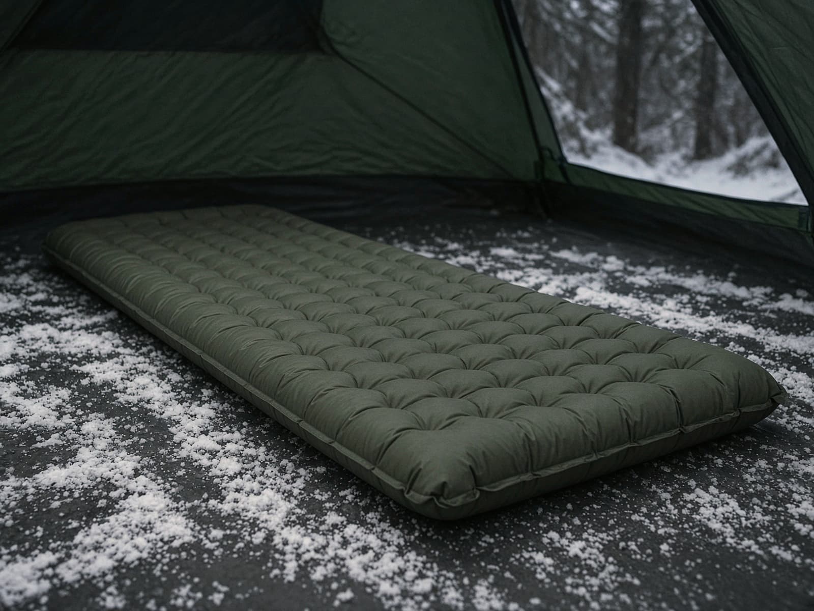A cold-weather insulated air pad on snow-dusted floor on a tent floor